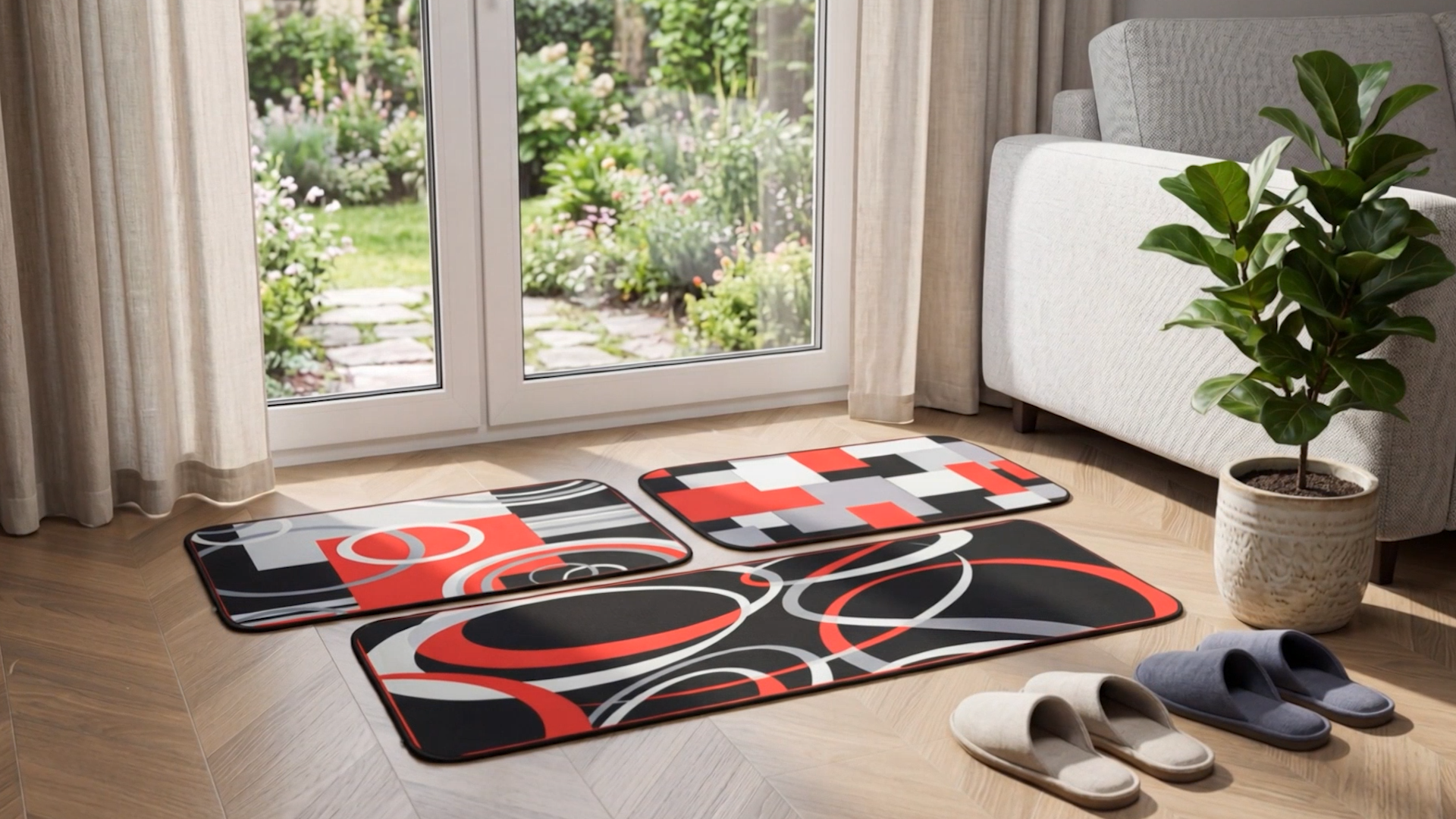 Juego de 3 tapetes geométricos rojos y negros para cocina miniatura 7