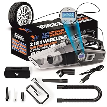 4 in1 Wireless Car Vacuum Cleaner with Tyre Inflator High Power 7000PA Handheld Car Vacuum LED Light, for Wet/Dry Use, Black (‎TWOWAY PRO)