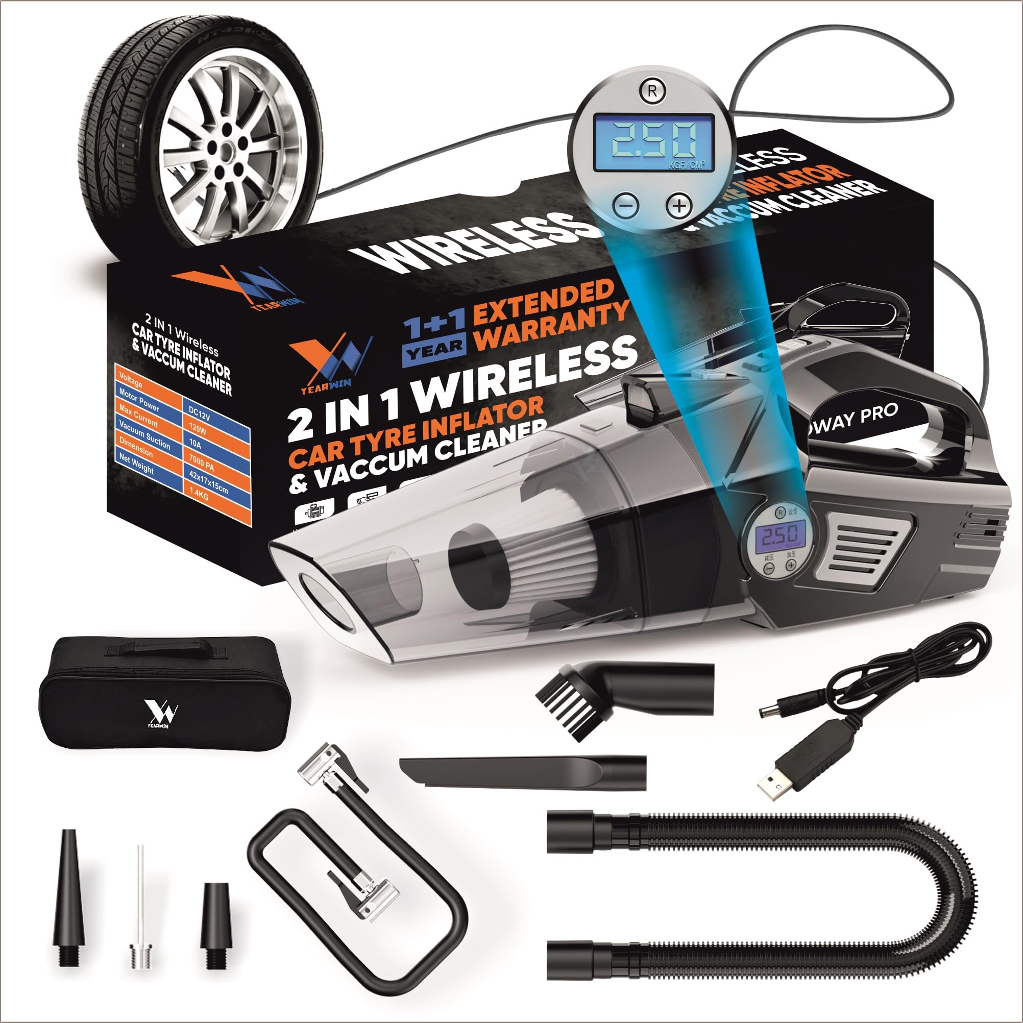 YEARWIN 4 in1 Wireless Car Vacuum Cleaner with Tyre Inflator High Power 7000PA Handheld Car Vacuum LED Light, for Wet/Dry Use, Black (‎TWOWAY PRO) (B0CXJJX6BJ) Amazon Price History, Amazon Price Tracker