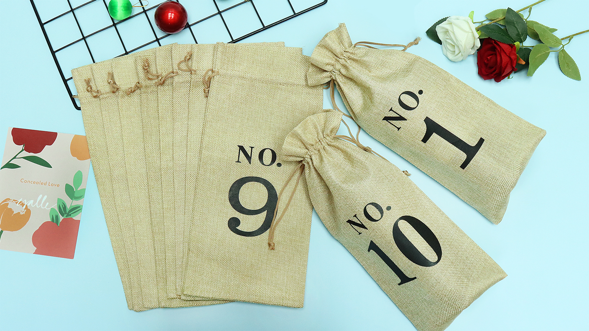 Lot de 10 sacs à vin en toile de jute avec étiquettes pour dégustation de vin à l'aveugle, sacs cadeaux réutilisables en toile de jute numérotée pour