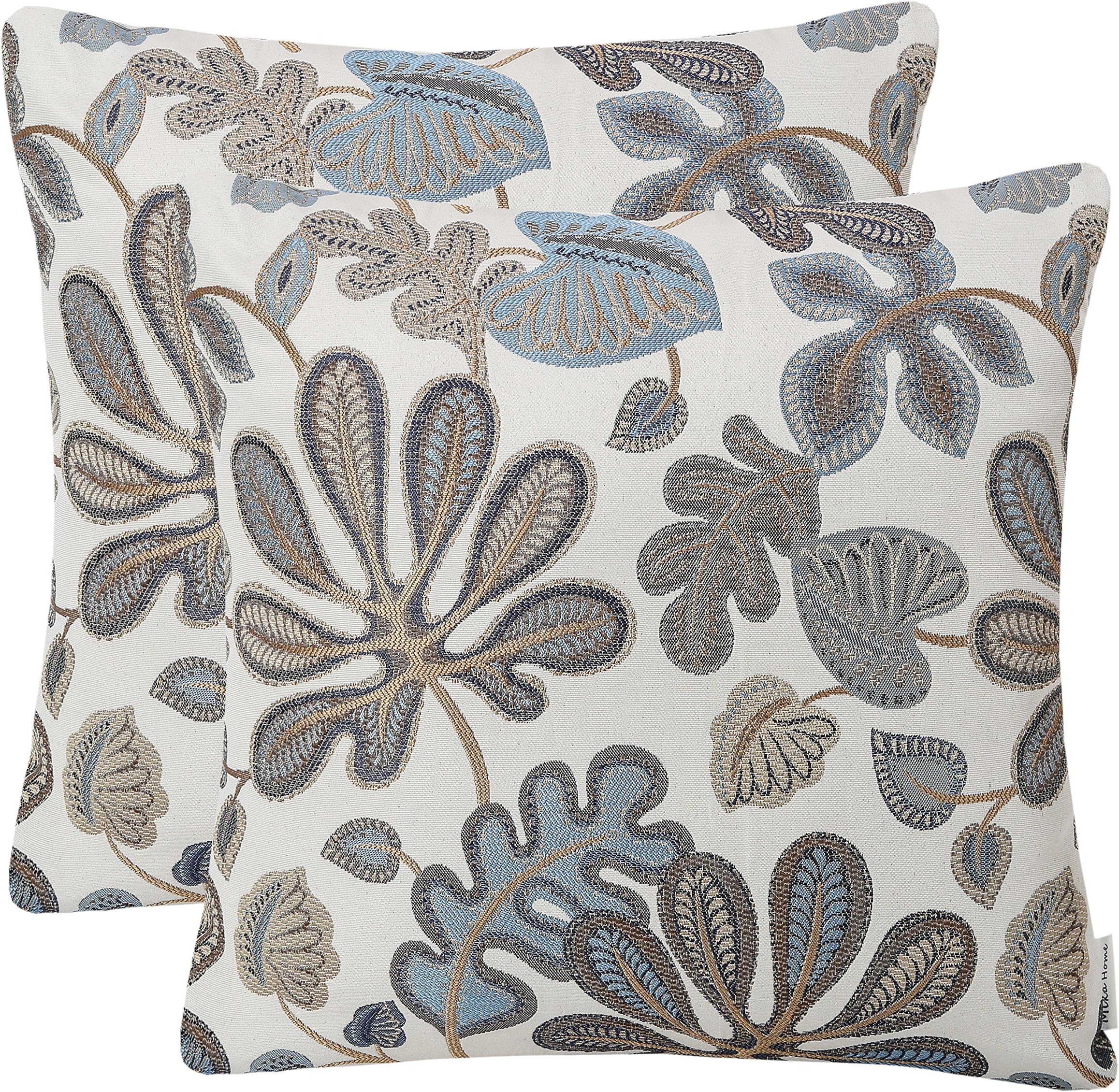 Mika Home Set of 2 Jacquard Tropical Leaf Pattern Throw Pillow Covers Decorative Pillowcase 20X20 Inches,Blue Cream