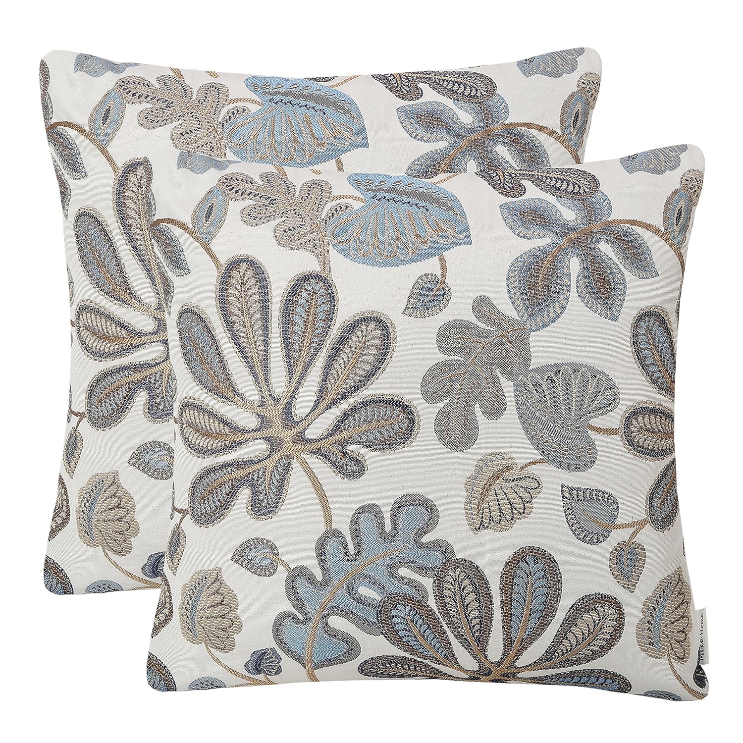 Mika Home Set of 2 Jacquard Tropical Leaf Pattern Throw Pillow Covers Decorative Pillowcase 22X22 Inches Blue Cream