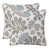 Mika Home Set of 2 Jacquard Tropical Leaf Pattern Throw Pillow Covers Decorative Pillowcase 20X20 Inches,Blue Cream