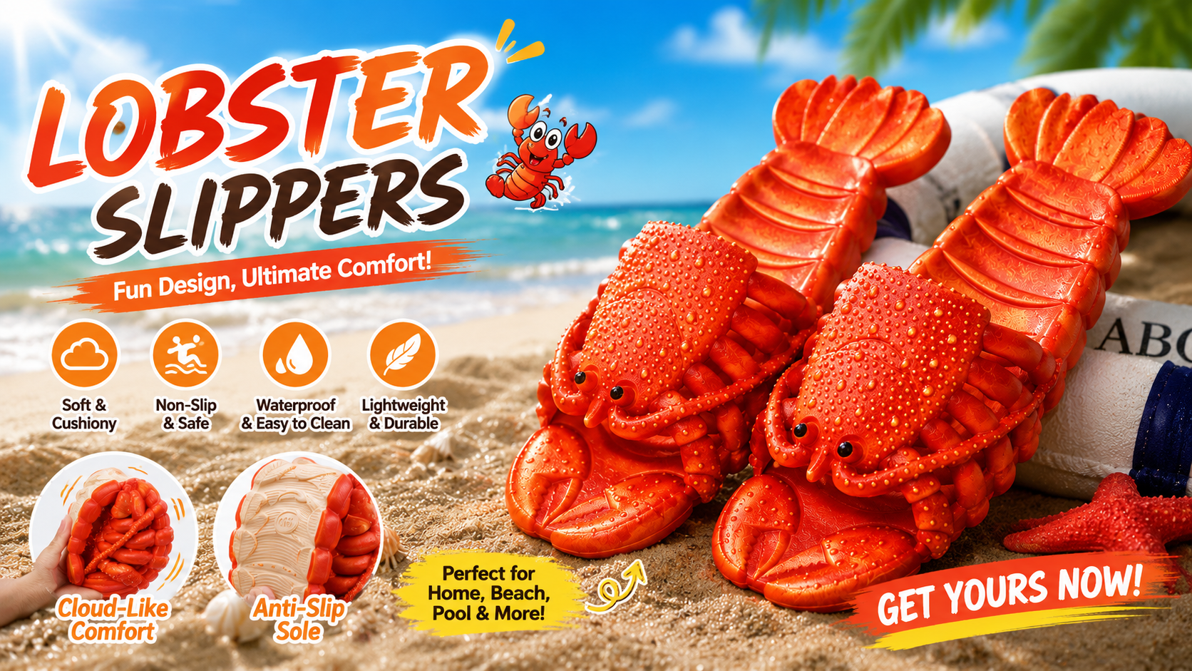 Lobster sandals, lobster sandals, unisex, lobster shoes, pool shoes, beach party Lobster Flip Flops,Lobster Slipper,Lobster Slide,Lobster  main image 2
