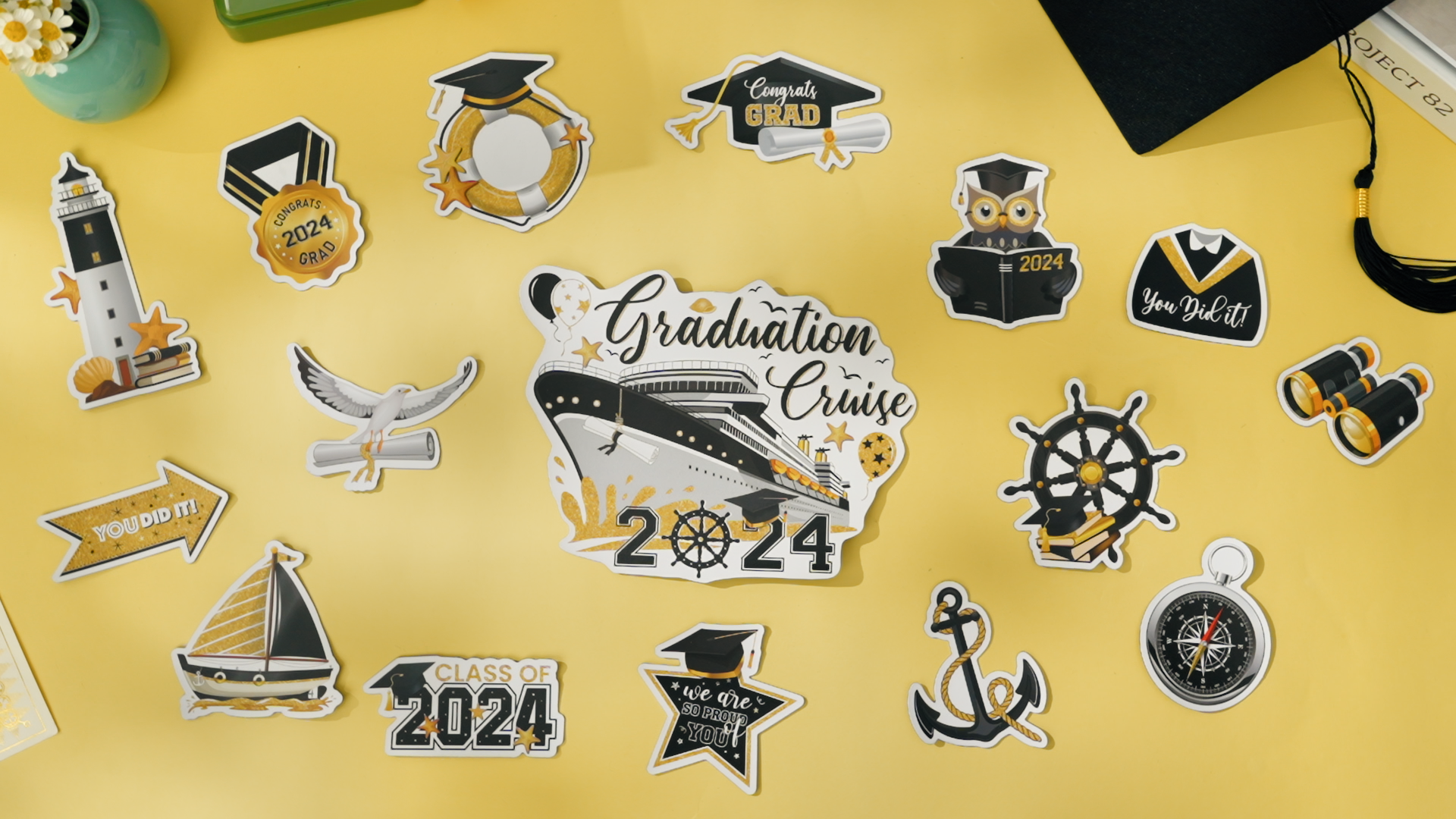 16 imanes decorativos de graduación negro y dorado miniatura 7