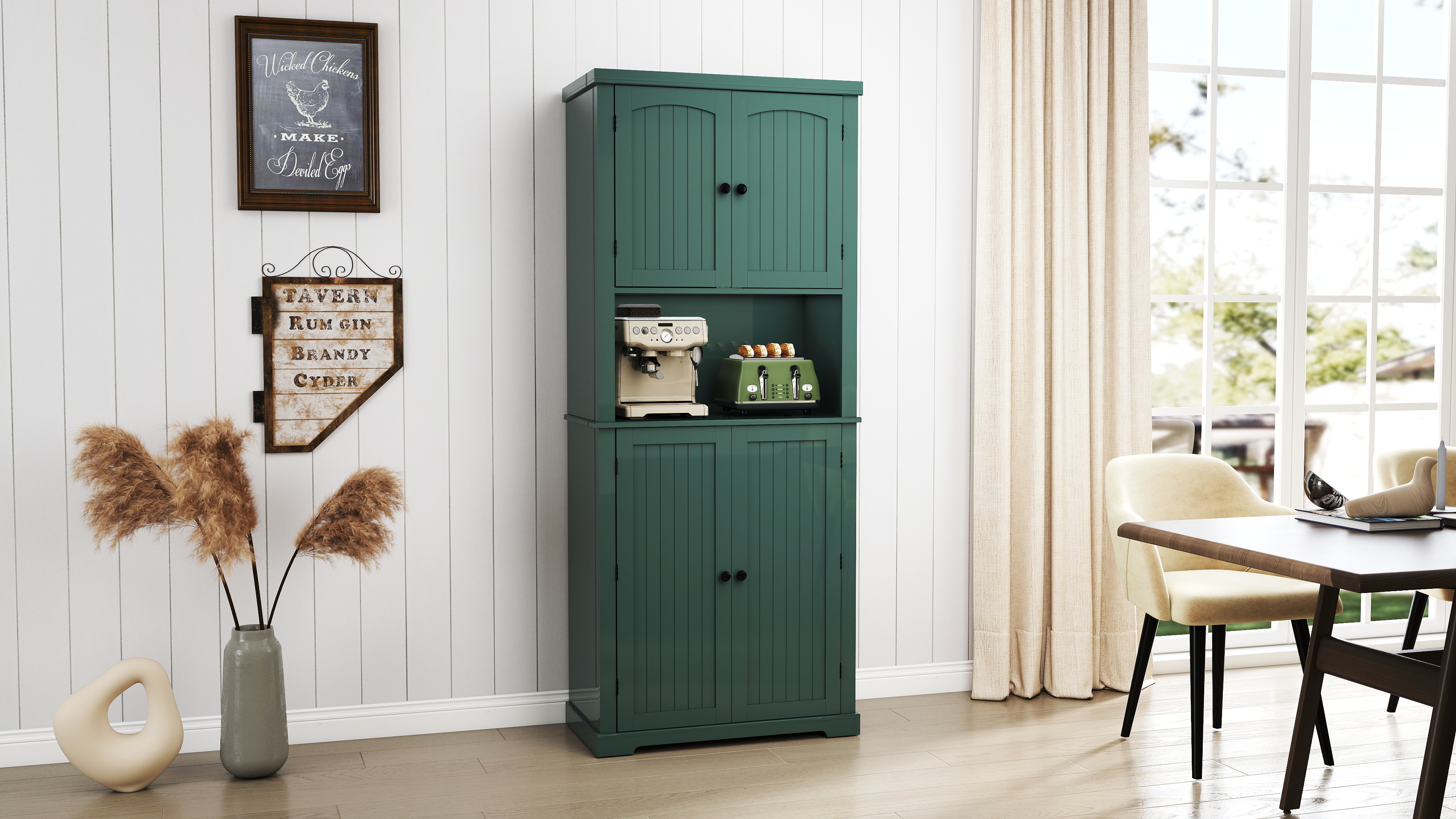 Armadietto Da Cucina A Buffet Alto – 137x45x178 Cm Con 2 Ante, 3 Cassetti E Piano Scrivania, Luci LED Regolabili, Bianco