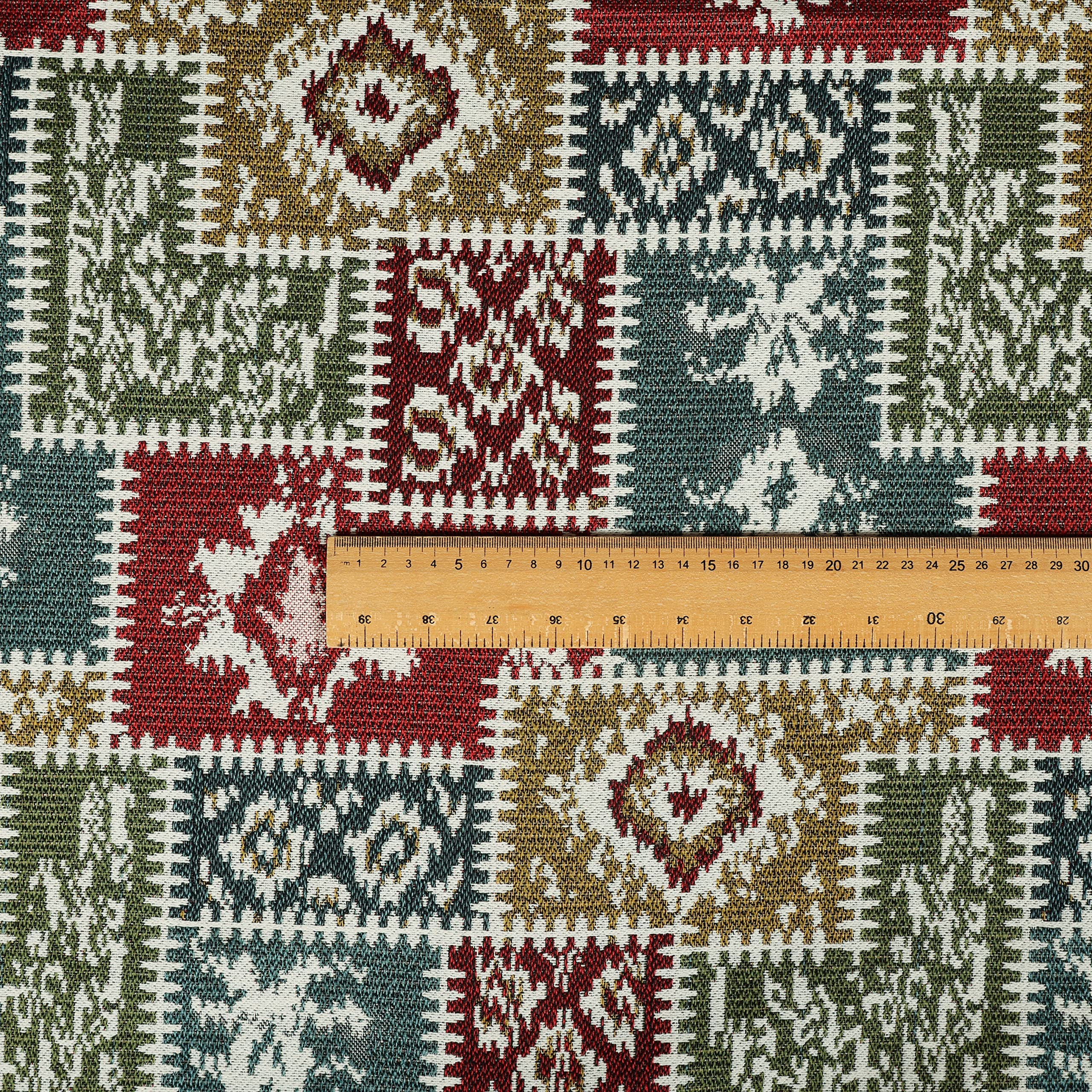 Tessuto per tappezzeria in ciniglia pesante, multicolore, bianco, motivo kilim, ignifugo, patchwork, materiale al metro, svendita (al metro)