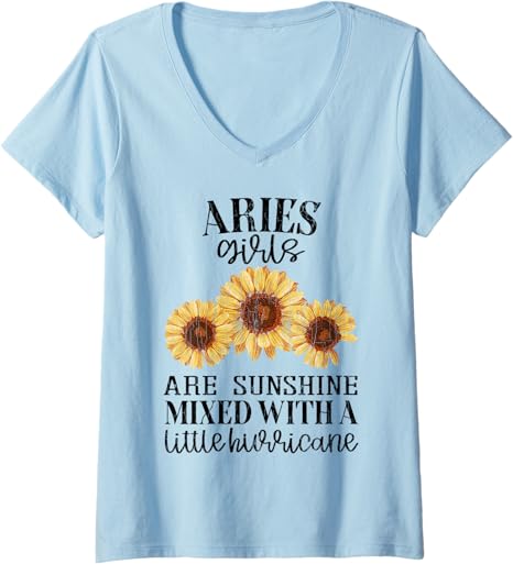 Womens Sunflower Sunshine Aries Funny Zodiac Sign Girls Graphic V-Neck T-Shirt