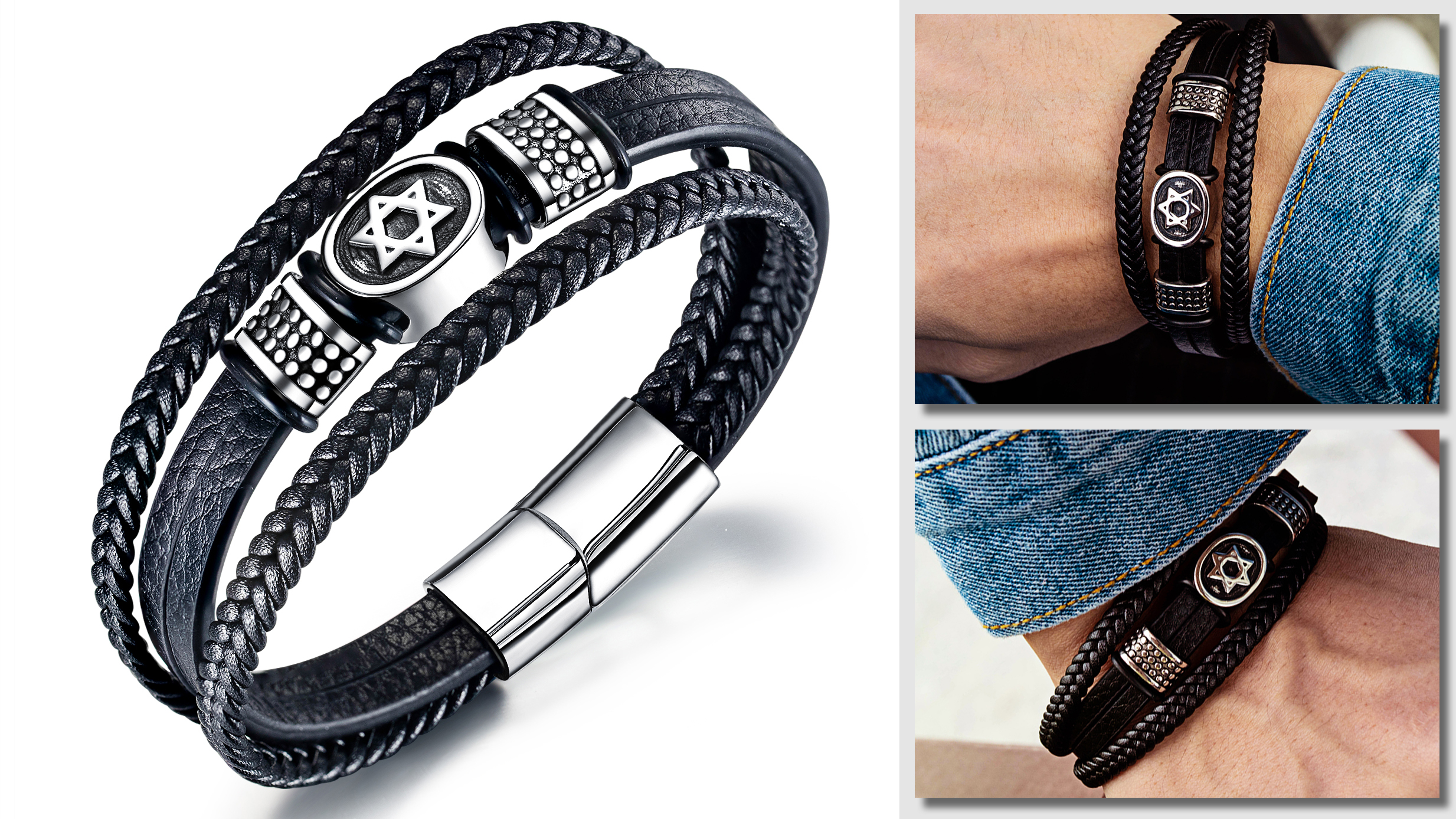 Pulsera de cuero negro para hombre TEMICO con estrella miniatura 6