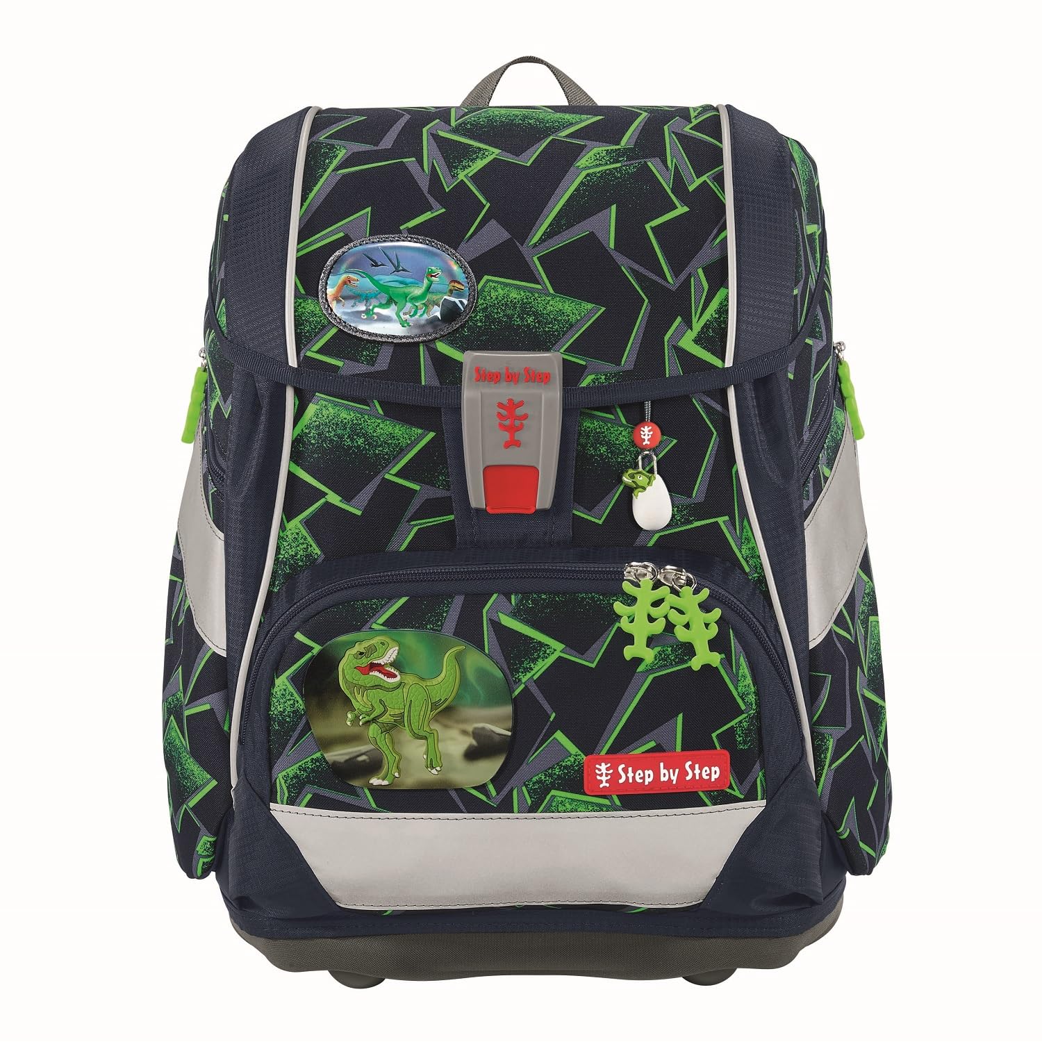 Step by Step Schulranzen-Set 2IN1 Plus „Wild T-Rex Taro“ 7-teilig, inkl. Edelstahl Isolierflasche, höhenverstellbar mit Hüftgurt, für die Grundschule, ab der 1. Klasse, 19L, grün-schwarz, Dino-Design