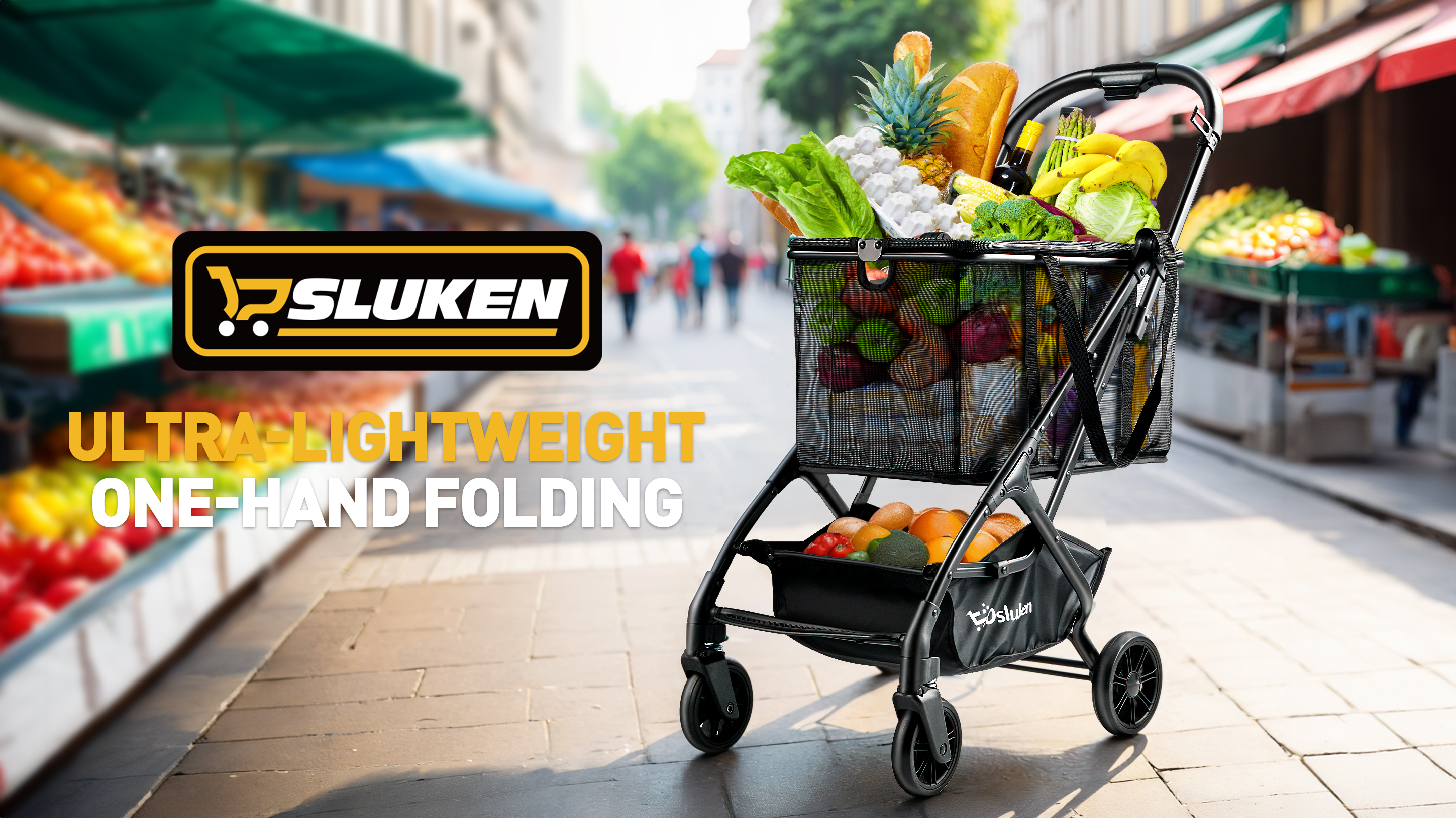 Keoslpy Foldable Shopping Cart With Wheels - 75lb Capacity, Removable Basket, One-Click Fold