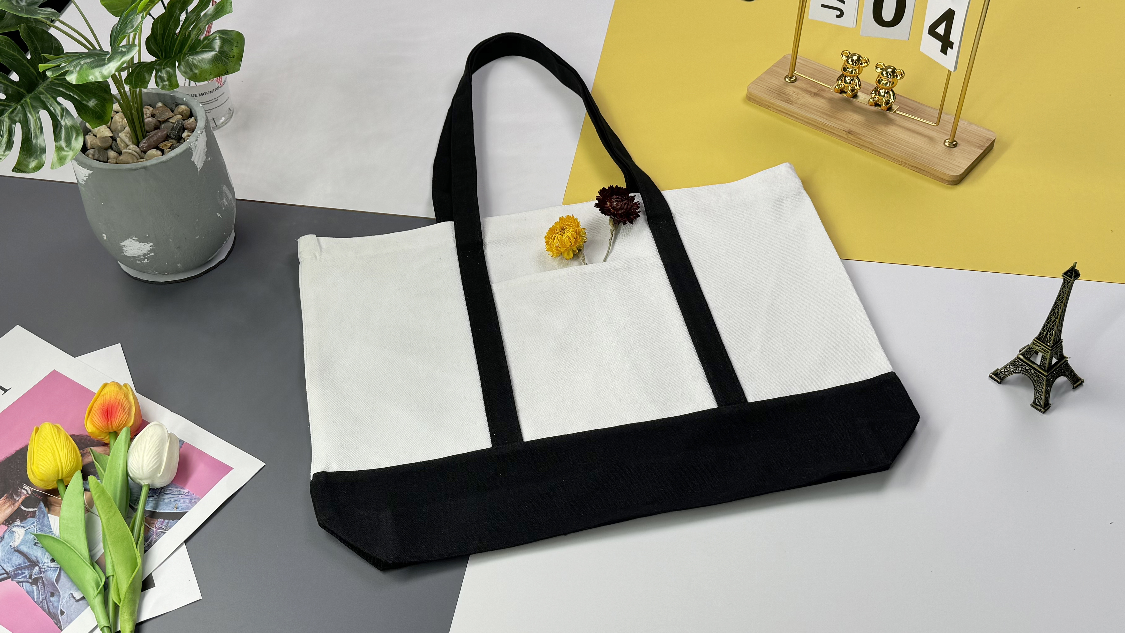 Bolso tote grande de lona con cierre y bolsillos miniatura 7