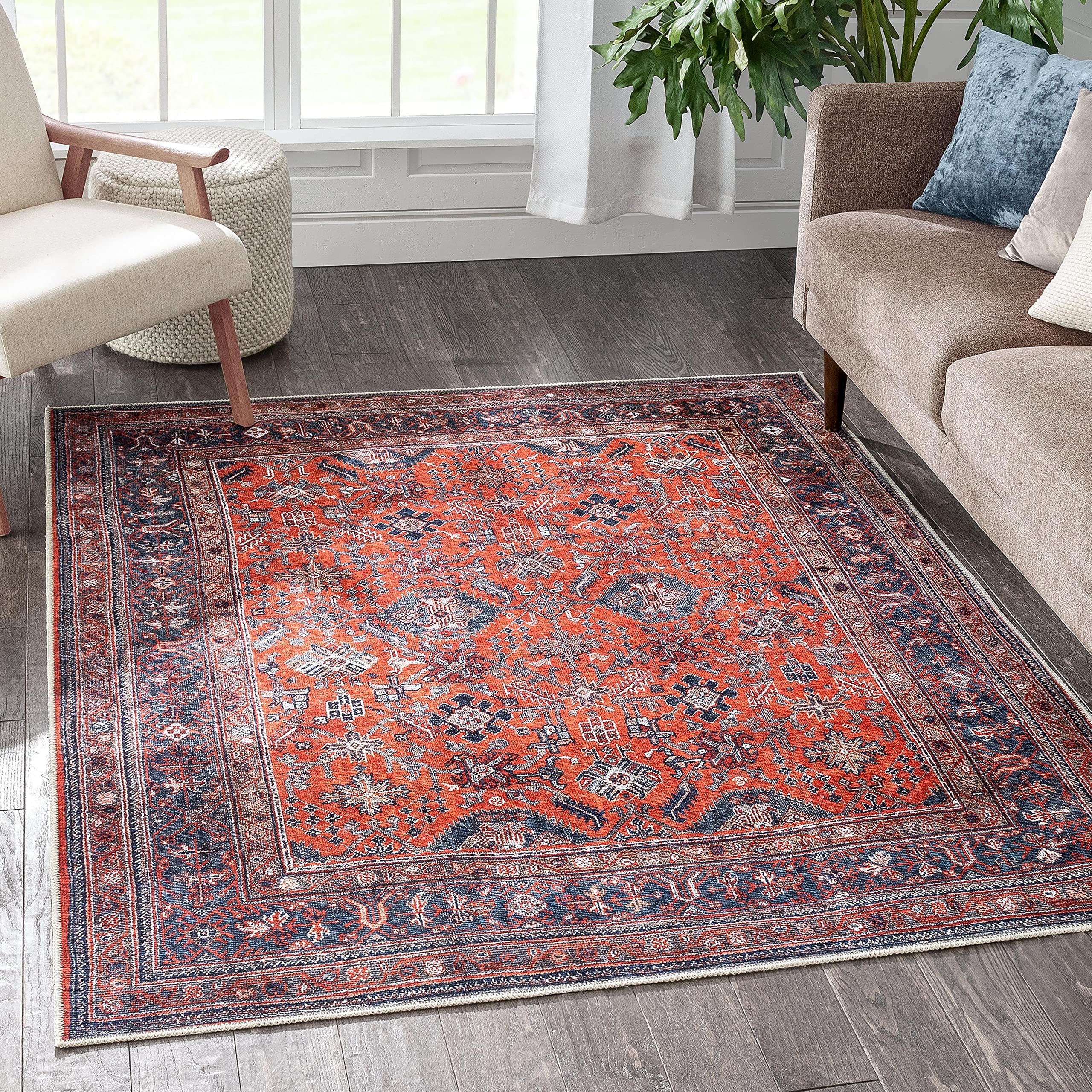 Well WovenDahlina Machine Washable Vintage Style Updated Distressed Oriental 7'10" x 9'10" Area Rug Red