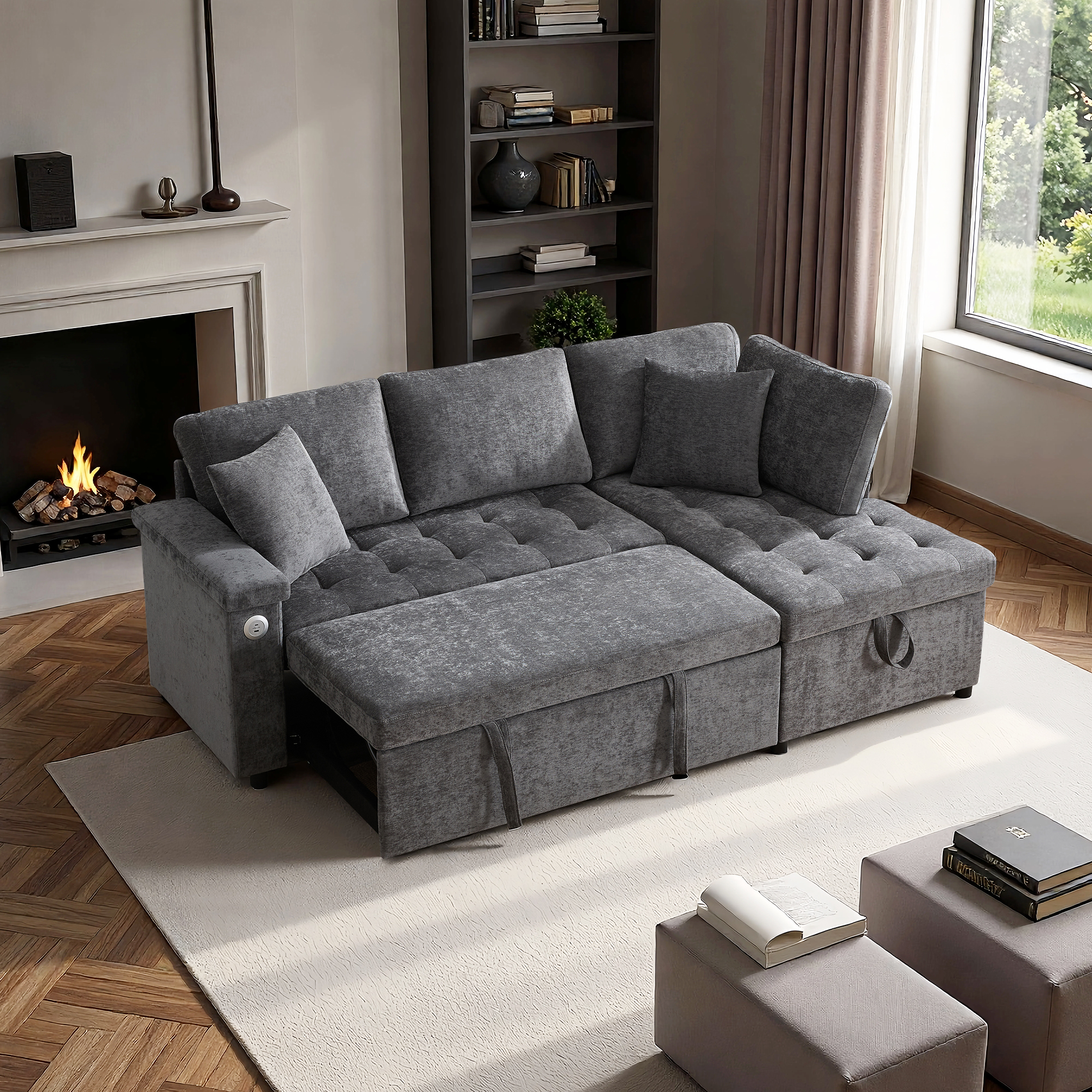 Sapgaks Canapé D'angle Convertible En L Avec USB,canapé Lit Gigogne Avec Fonction Couchage,canapé Convertible 3 Places Canapé 3 Places Salon Tissu Relax,équipé D'un Espace De Rangement (Gris Foncé