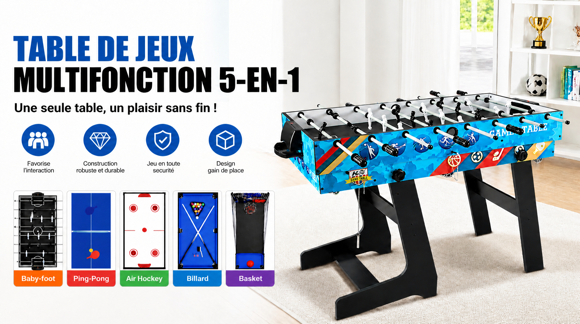 Table De Jeu Pliante 5-en-1 – 122 Cm – Babyfoot, Billard, Air Hockey, Tennis De Table, Basket – Structure MDF – Scoreboard – Pour 2 à 4 Joueurs – Salon, Fête, Loisirs