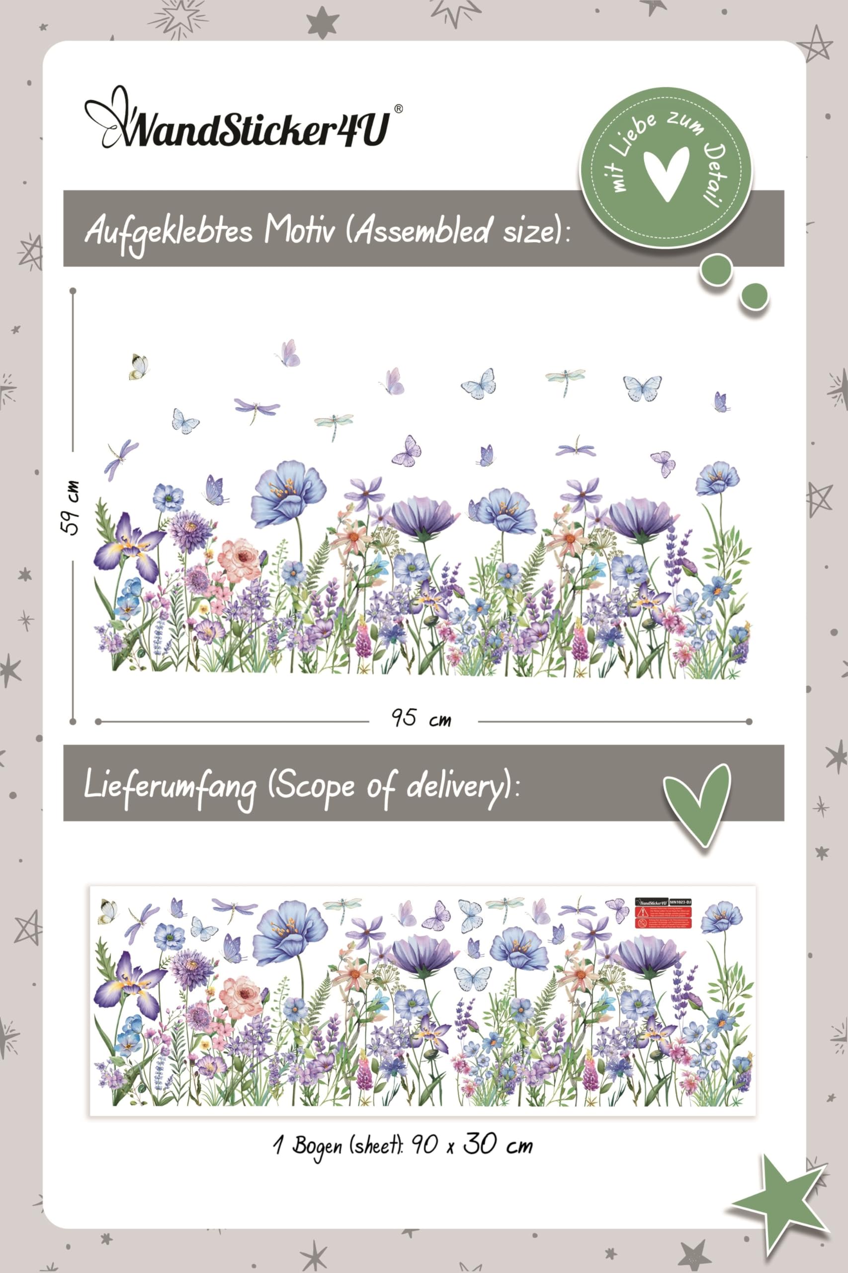 WandSticker4U®- Pegatinas ventanas primavera flores CAMPO de FLORES azul reutilizables (95x59 cm) I Vinilo ventanas flores plantas I Decoración ventana salón dormitorio verano GRANDE (no adhesivo)