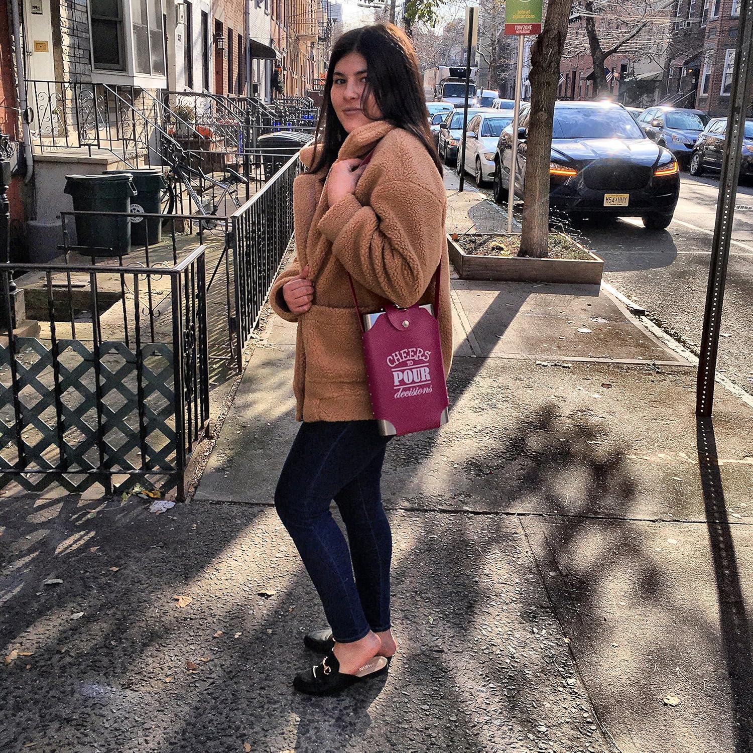 Best Review Large Oversized 64 oz Stainless Steel Flask with Pink Strap (Cheers to Pour Decisions) Funny Gift for Her