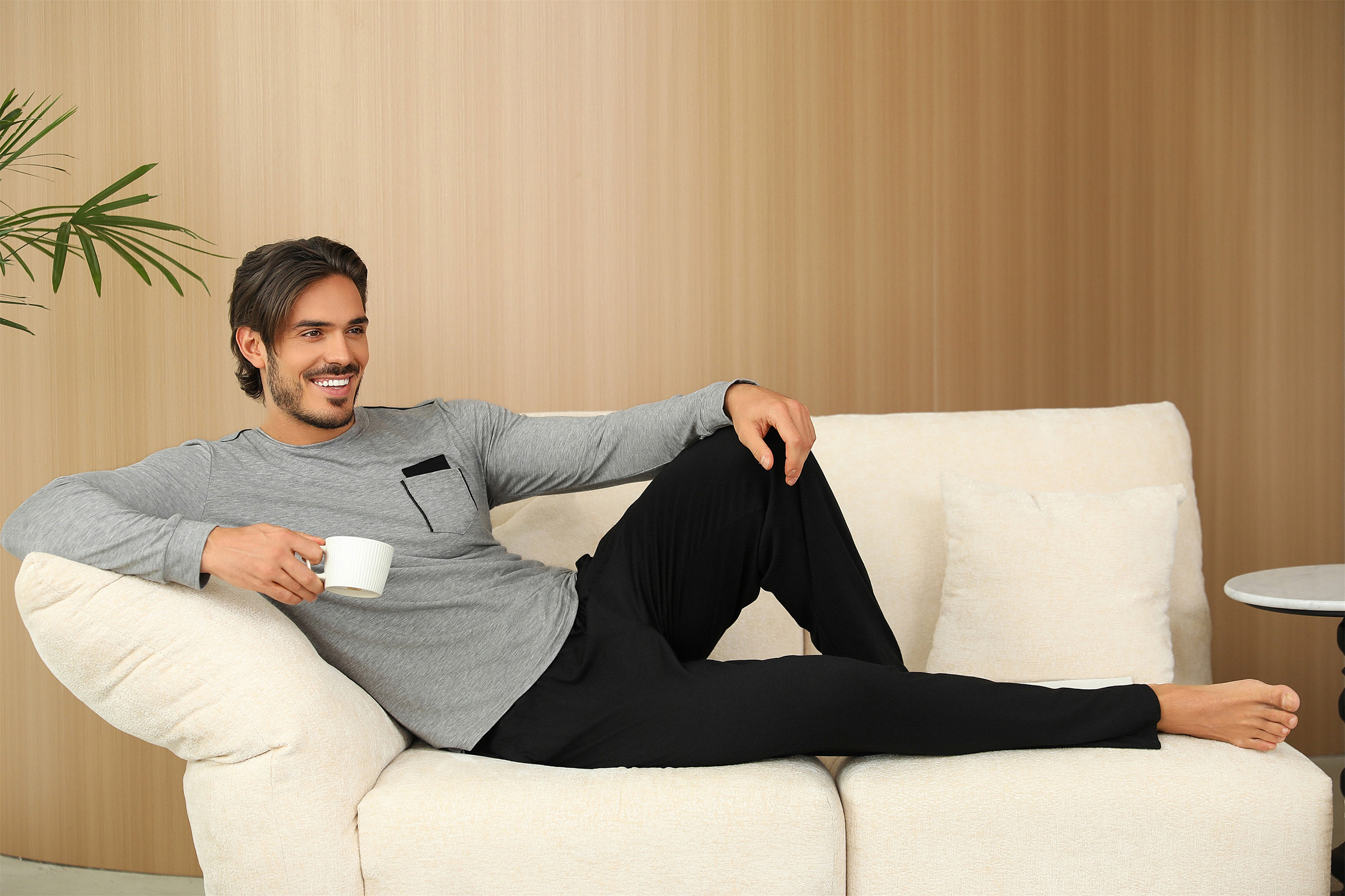 Uniexcosm Herren Schlafanzug Set Aus Baumwolle – Zweiteiliger Langarm-Pyjama Mit Rundhals & Hose – Warme Nachtwäsche Für Herbst & Winter, Inkl. Taschen