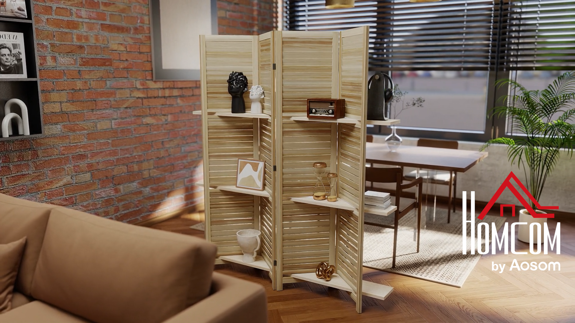Paravent Intérieur 4 Panneaux HOMCOM - 152 X 144,5 Cm, Bois Massif Naturel, Panneau Perforé, Séparateur Pliable Pour Salon Chambre