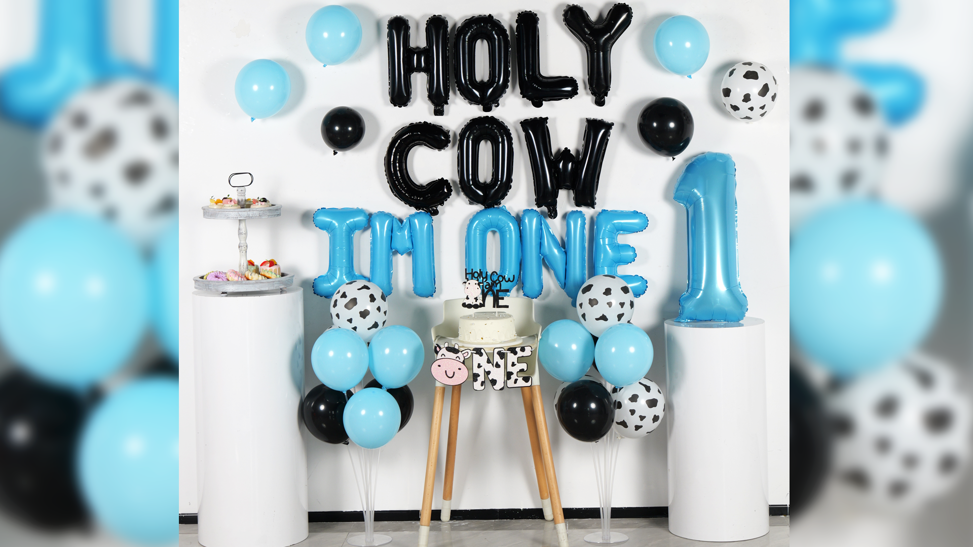 Holy Cow I'm One! 1st Birthday Decorations Kit - Farm Cow Theme Backdrop, Banner, Cake Topper, Balloons & Highchair Banner For Boy Or Girl - View #12