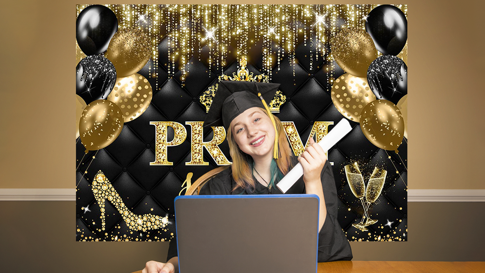 Mocsicka Prom Send Off 2026 Backdrop Gold Crown Graduation Prom Night Party Decorations Banner Graduate Photography Background Supplies (Gold, 7x5ft(82''x60