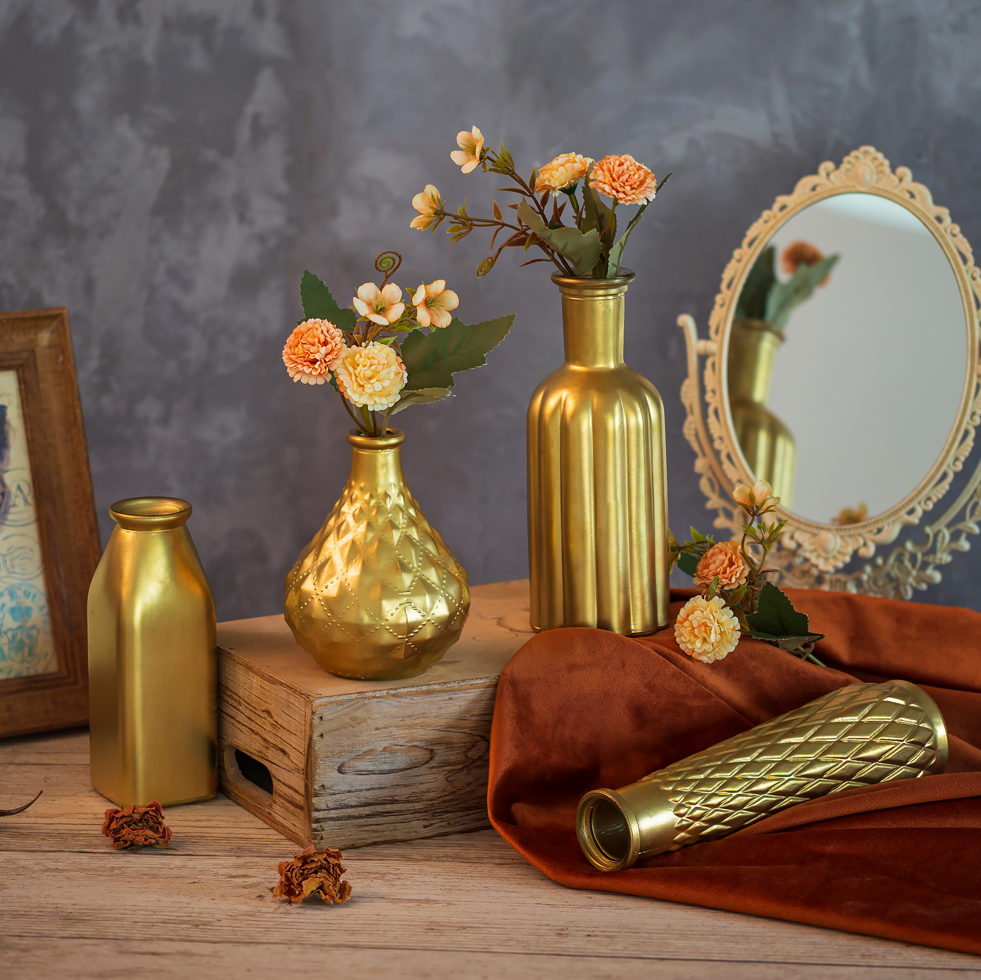 Glasseam Gold Glass Vase for Flowers: Set of 4 Small Vases for Home Decor