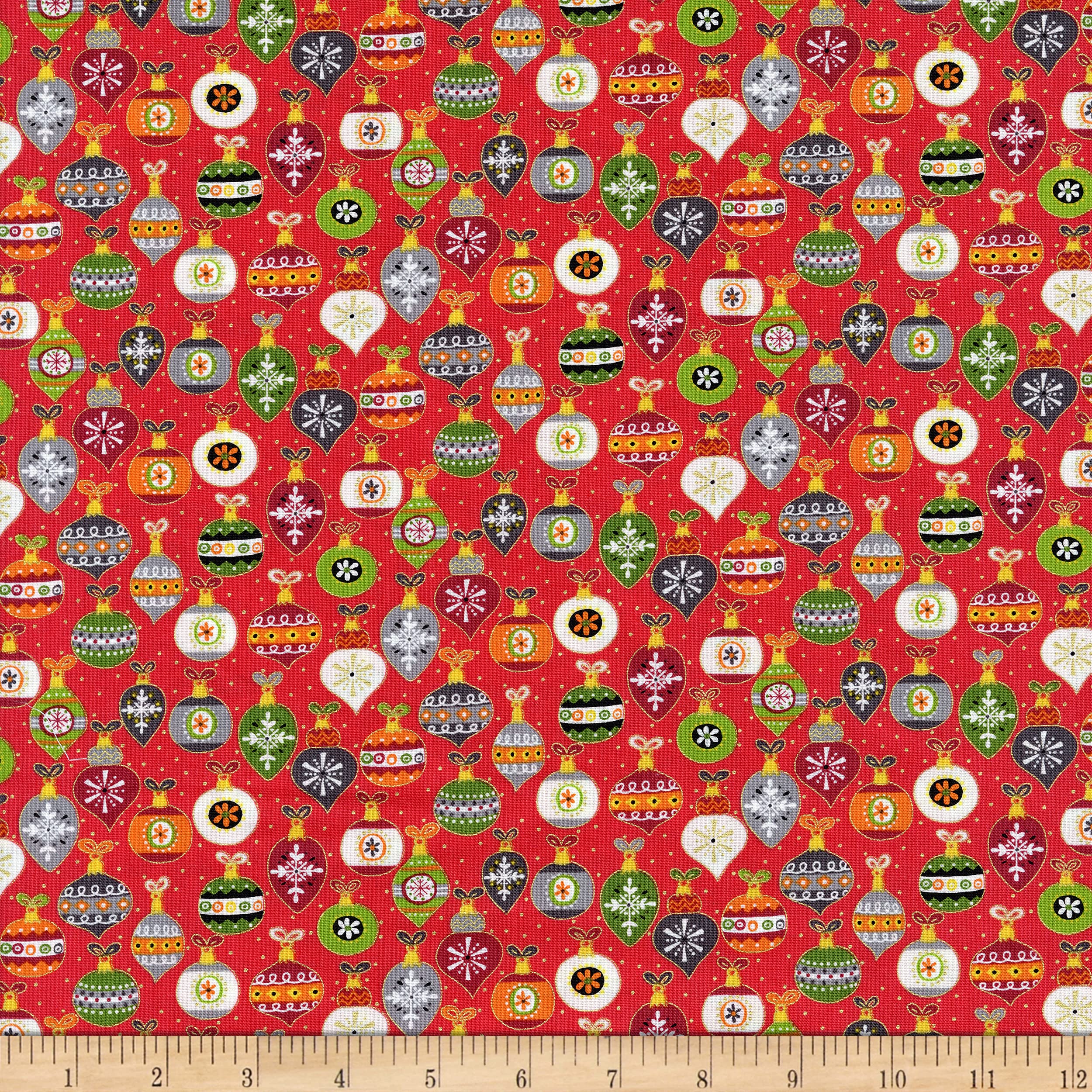 AndoverMakower Metallic Santa Express Baubles Red, Fabric by the Yard