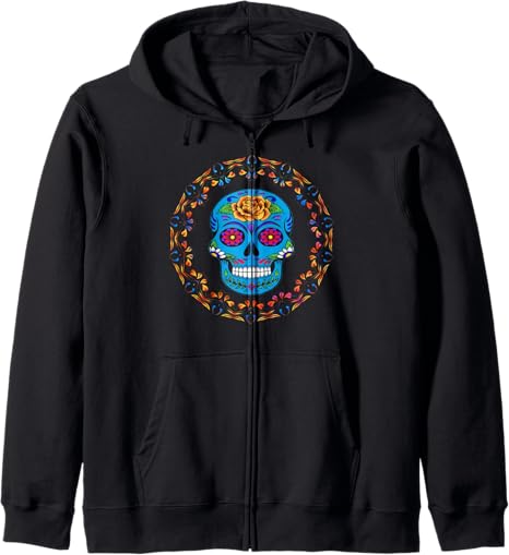 Colorful Sugar Skull with Floral Round Border Zip Hoodie