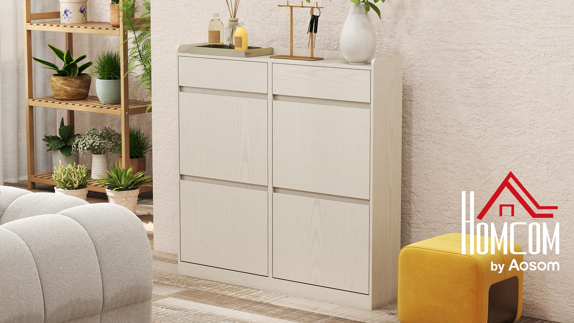 Meuble à Chaussures étroit HOMCOM 16 Paires - 80x24x101 Cm, Blanc, Avec 2 Tiroirs Et Plateau Supérieur - 9