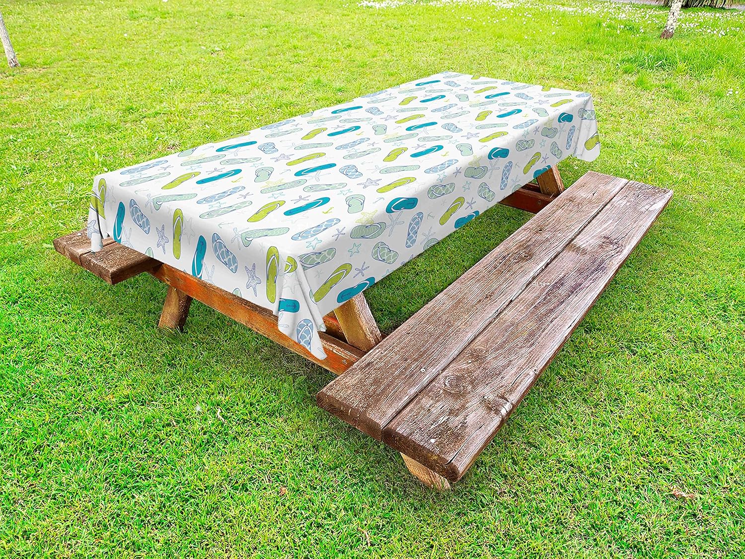 Lunarable Nautical Outdoor Tablecloth, Flip Flops Beach Swimming Summer Season Inspiration Starfish, Decorative Washable Picnic Table Cloth, 58" X 84", Blue Green 58" X 84" Blue Green