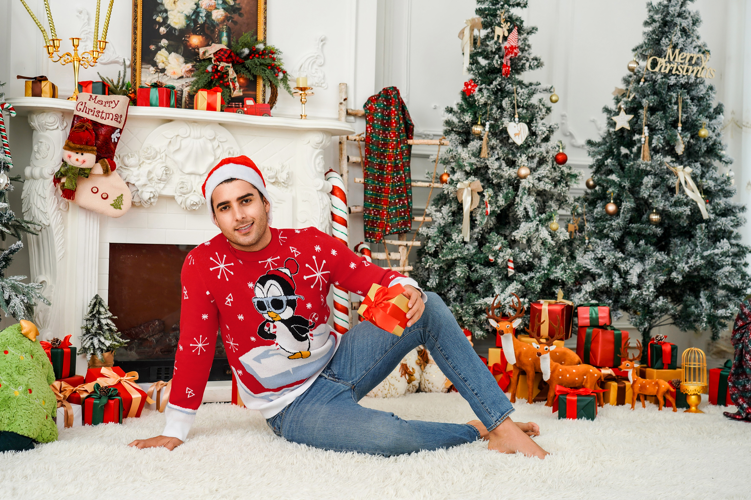 Pull De Noël Humoristique Homme - Flocons De Neige Et Pingouins - Tricot Chaud Pour Soirées Festives - 6