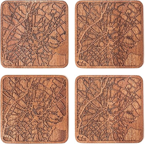 O3 Design Studio, juego de 4 posavasos de madera Sapele con mapa de la ciudad, hecho a mano