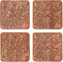 Athens Map Coaster by O3 Design Studio, Set Of 4, Sapele Wooden Coaster With City Map, Handmade
