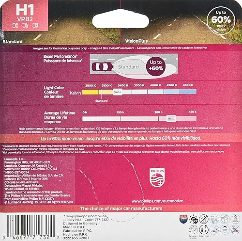 Miniatura 2 de Philips Automotive Lighting H1 VisionPlus Deluxe - Bombilla de repuesto para faros delanteros, se adapta a posiciones seleccionadas de luz alta,