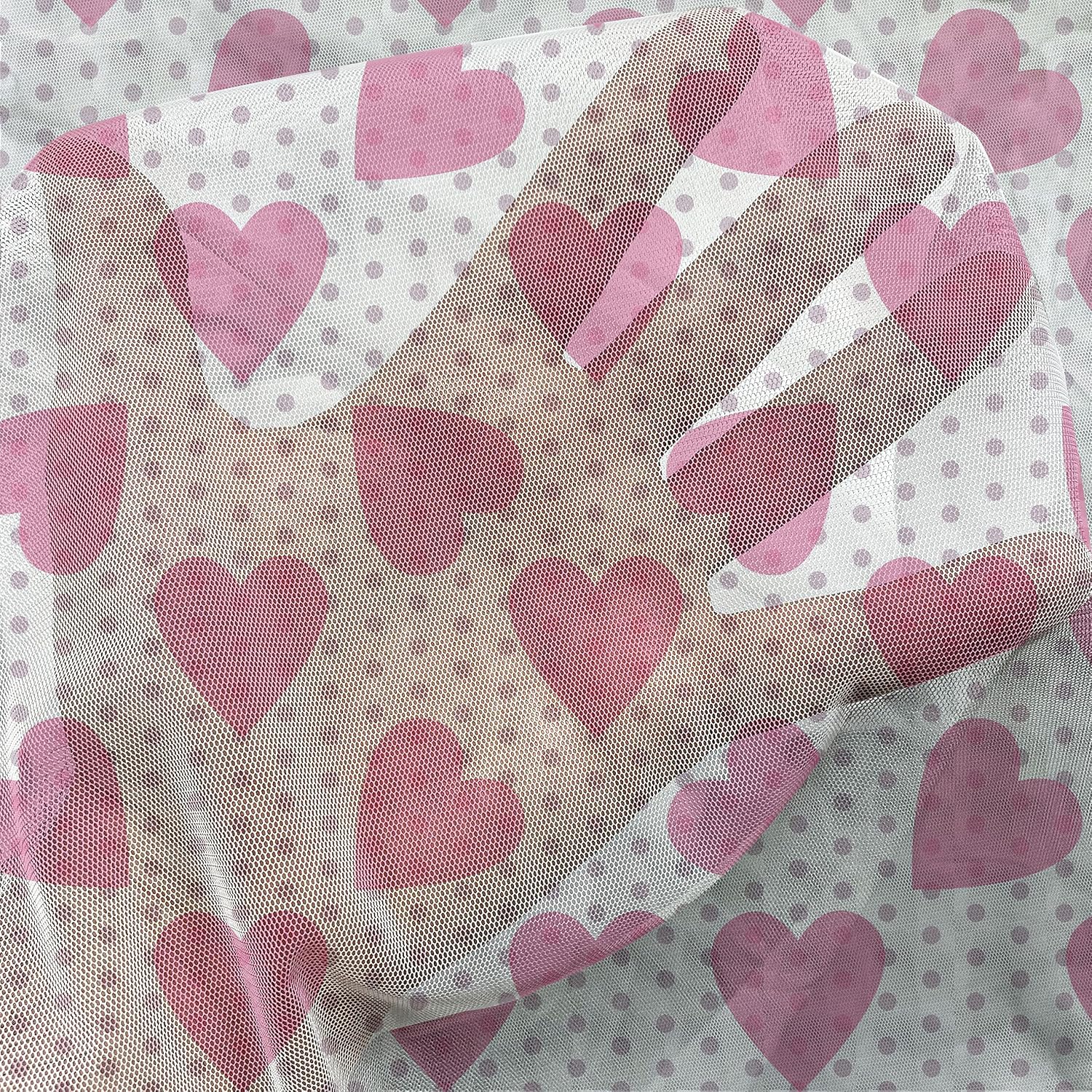 Lunarable Romantic Tulle Curtains with Rod Pocket, Pinkish Hearts on Polka Dots Valentines Day Youth Birthday Celebration, Sheer Drape for Wedding Party 2 Panels, 108" x 84", Pink Mauve and White