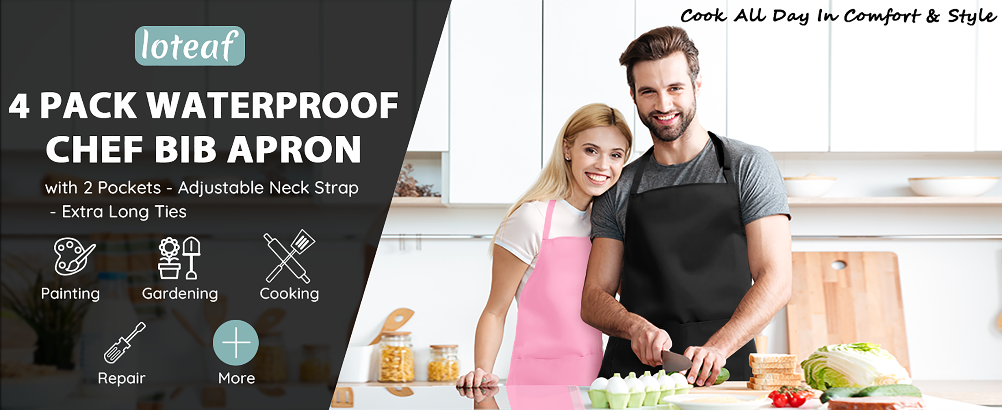 4 Packs Chef Apron, Black Waterproof Apron, Adjustable Apron with