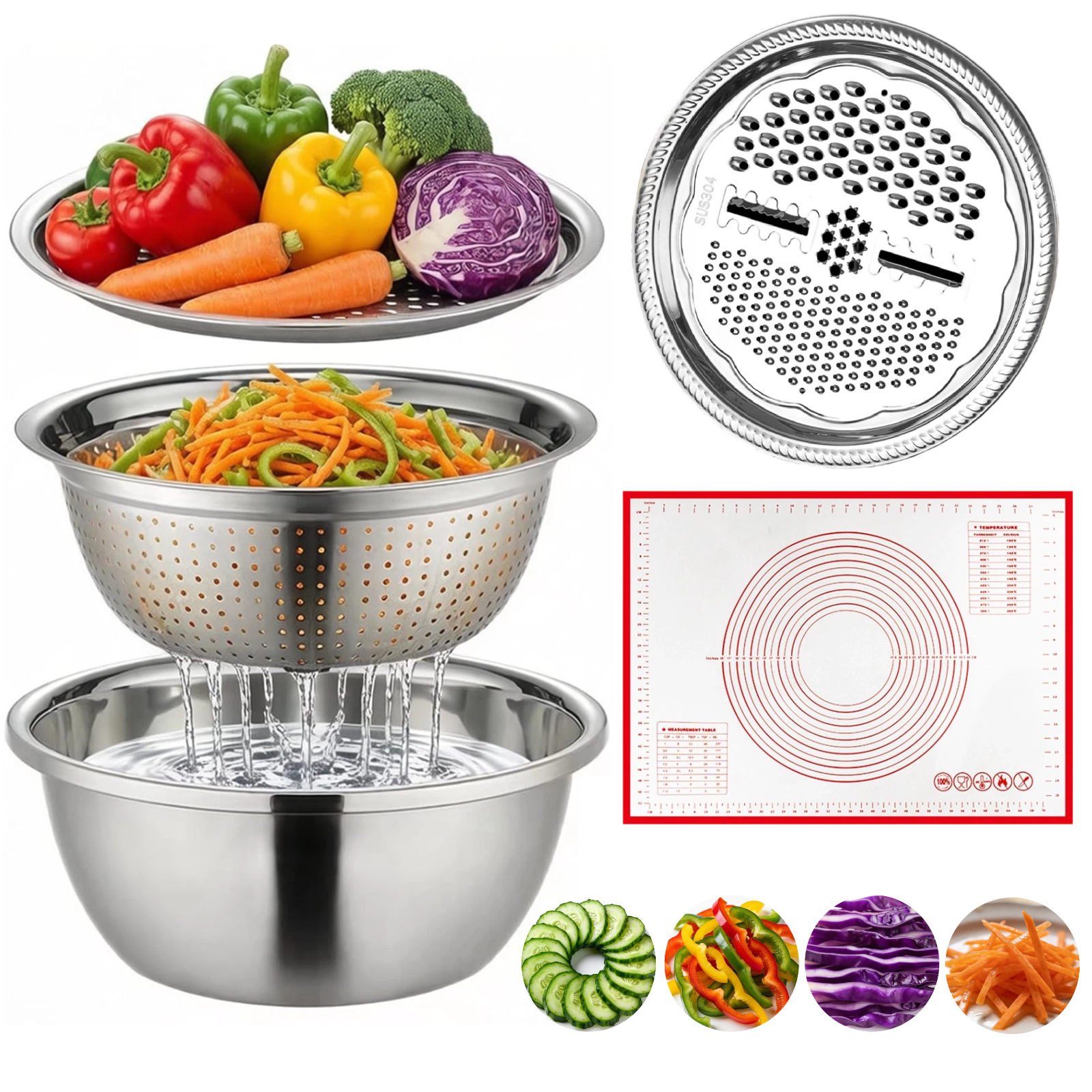 Set de cocina 3 en 1 con tazones de acero inoxidable 304 grueso miniatura 7
