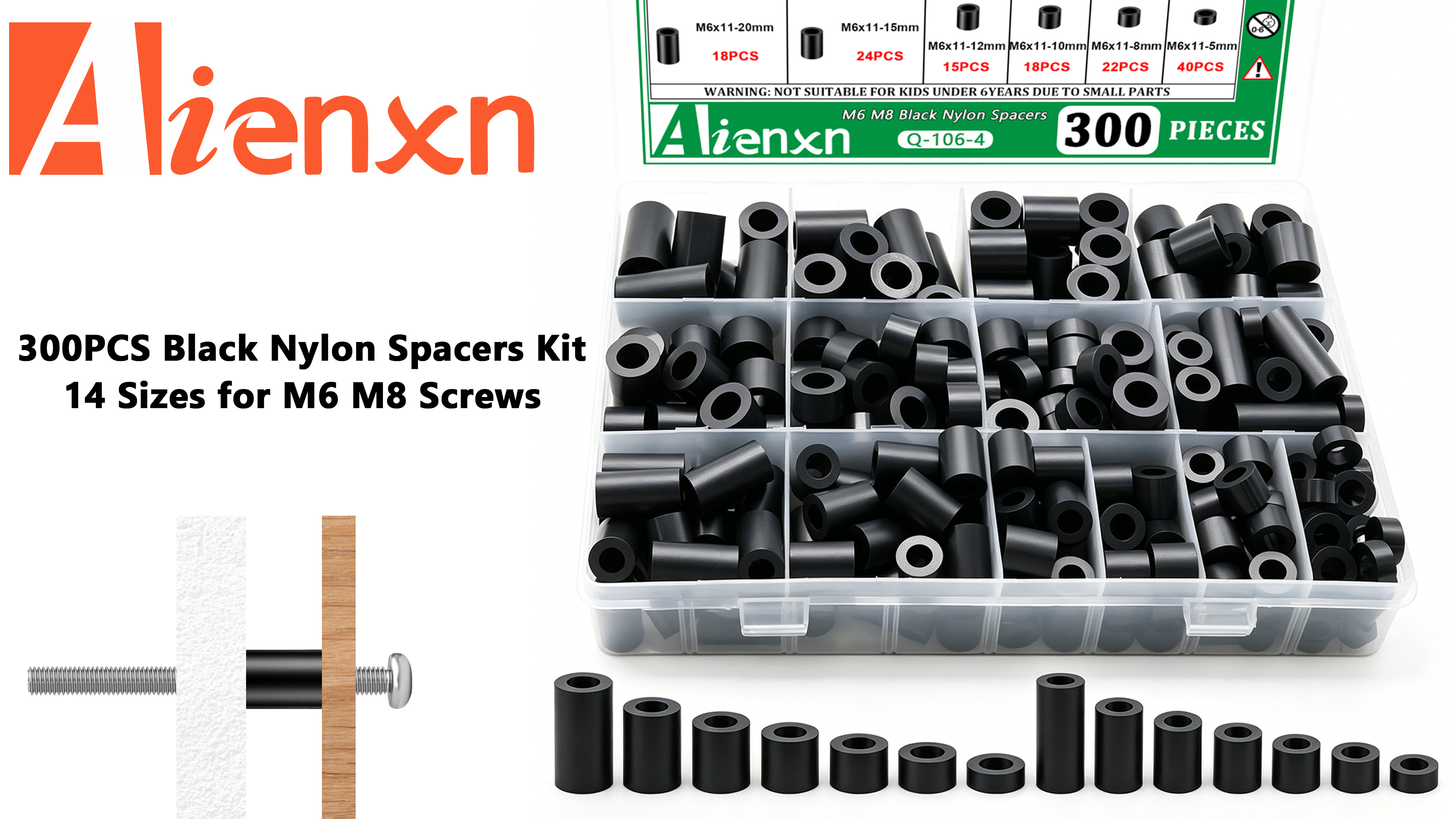 Image of 300PCS Black Nylon Spacers Kit, 14 Sizes- 5mm, 8mm, 10mm, 12mm, 15mm, 20mm, 25mm Length for M6 M8 Screws, Non-Threaded Round Plastic Spacers Suitable for Switch & Receptacle Screws