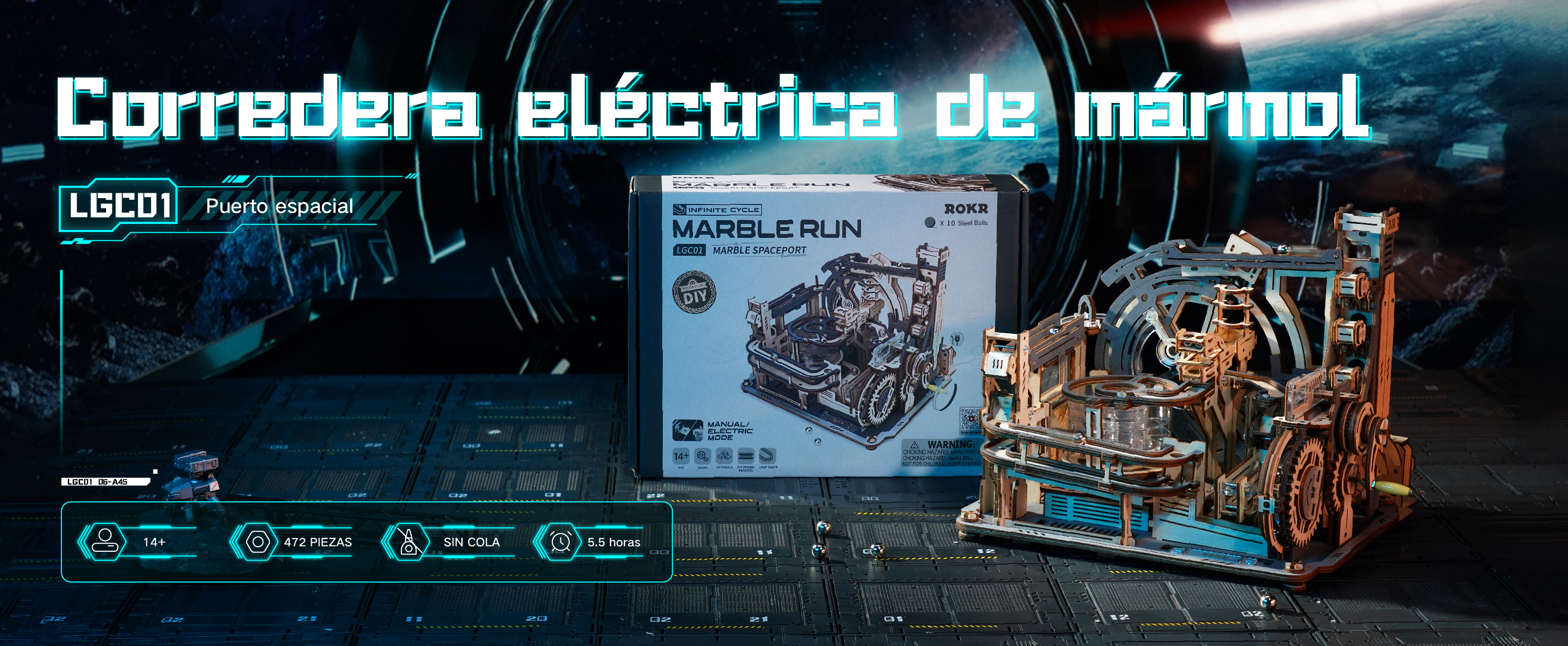 ROKR Puzzle 3D – Pista De Canicas Eléctrica Night City 2.0 Con Motor De 70 RPM