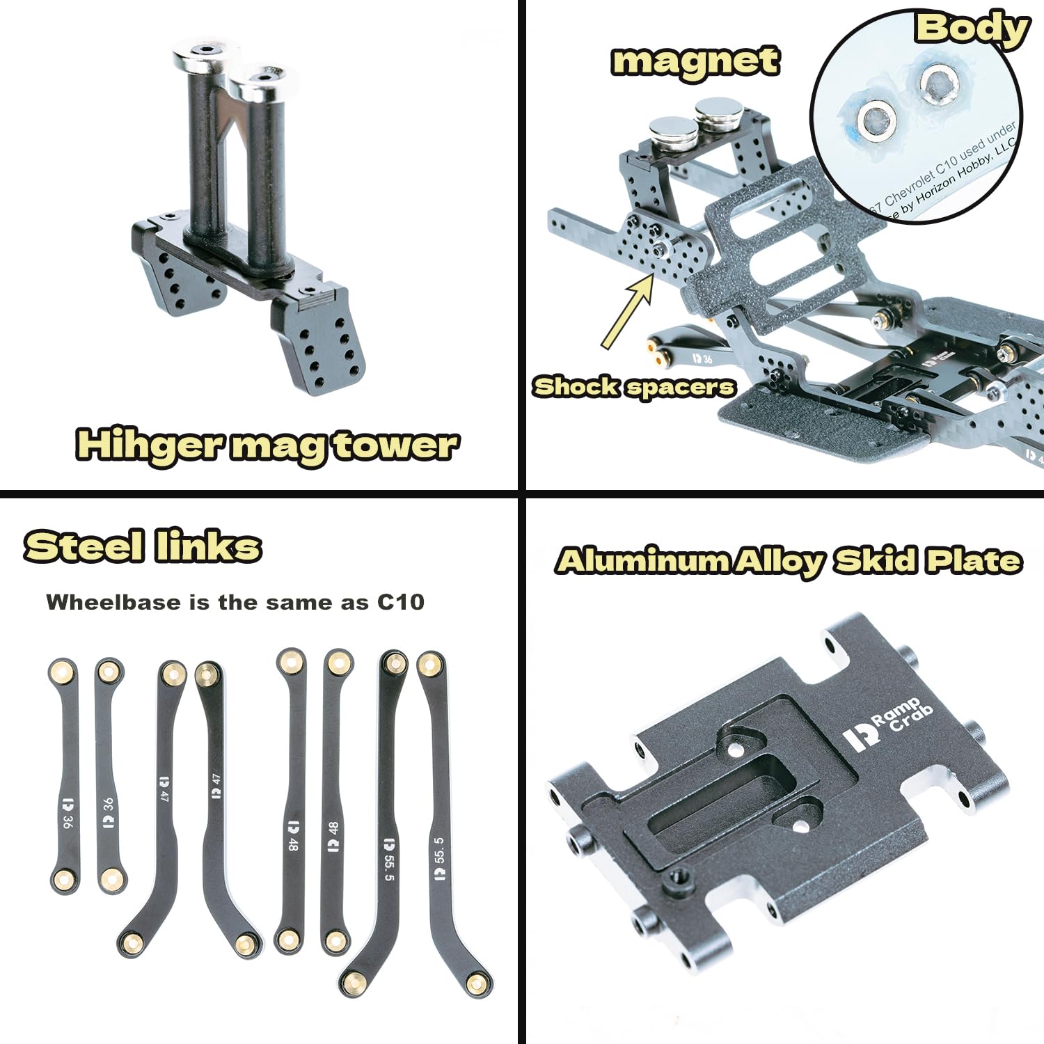 RampCrab Kit telaio in fibra di carbonio per SCX24, slitta angolare 7°, kit telaio LCG per SCX24 C10, JLU, Bronco, parte di aggiornamento
