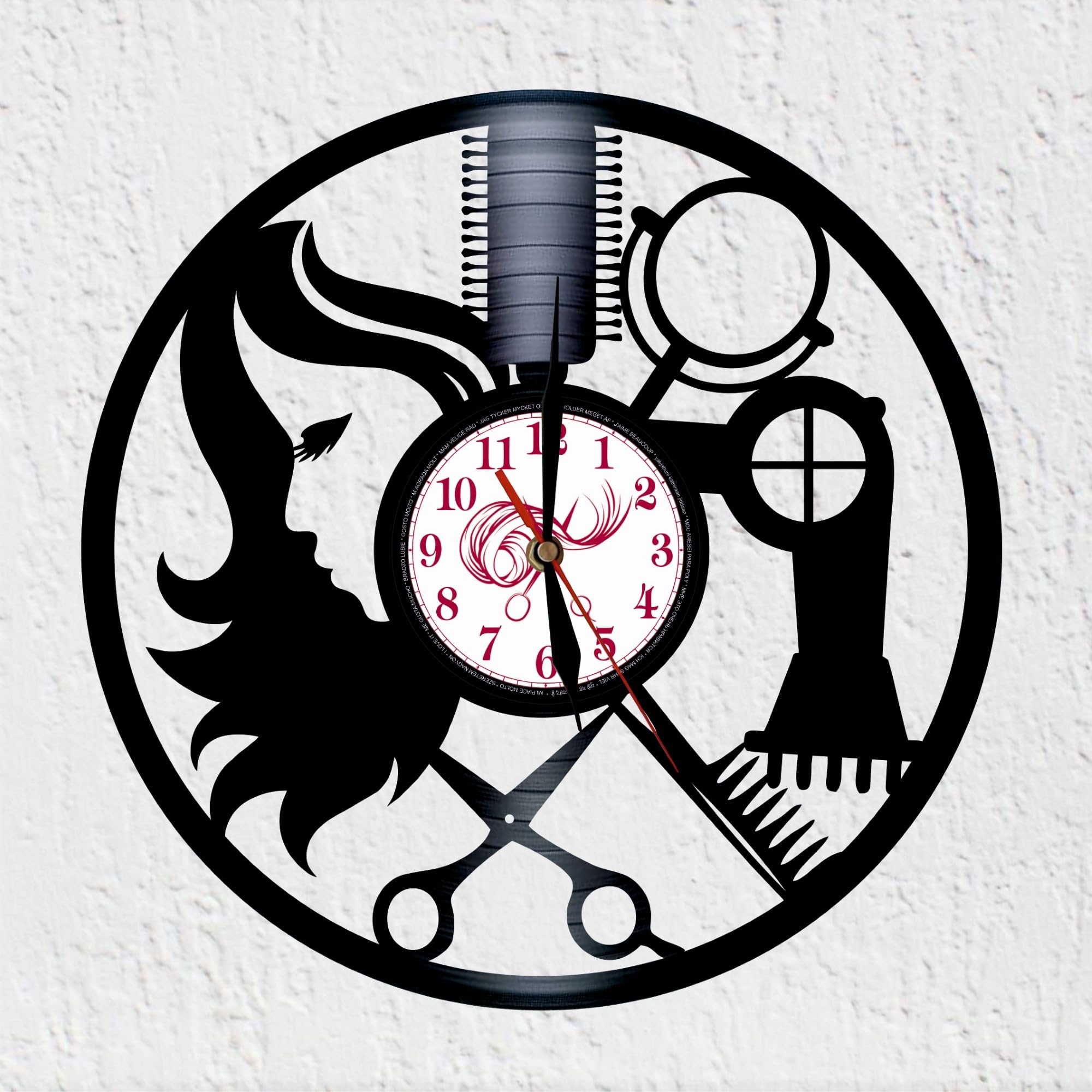Orologio Da Parete Per Barbiere – Design Strumenti Parrucchiere – Artigianale In Legno E Vinile – Instant Karma Clocks