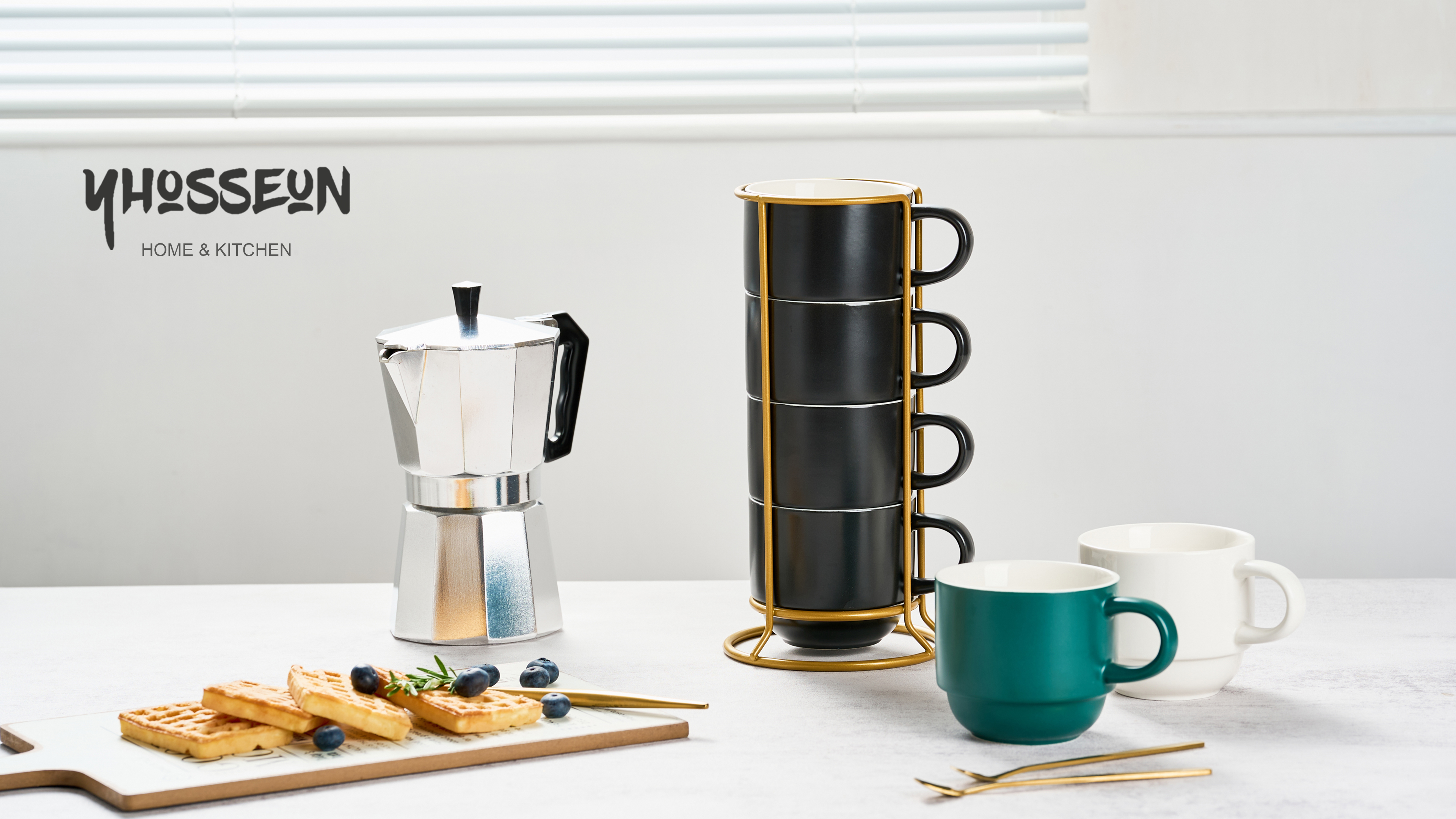 Set de 4 tazas de café de porcelana apilables con soporte miniatura 7