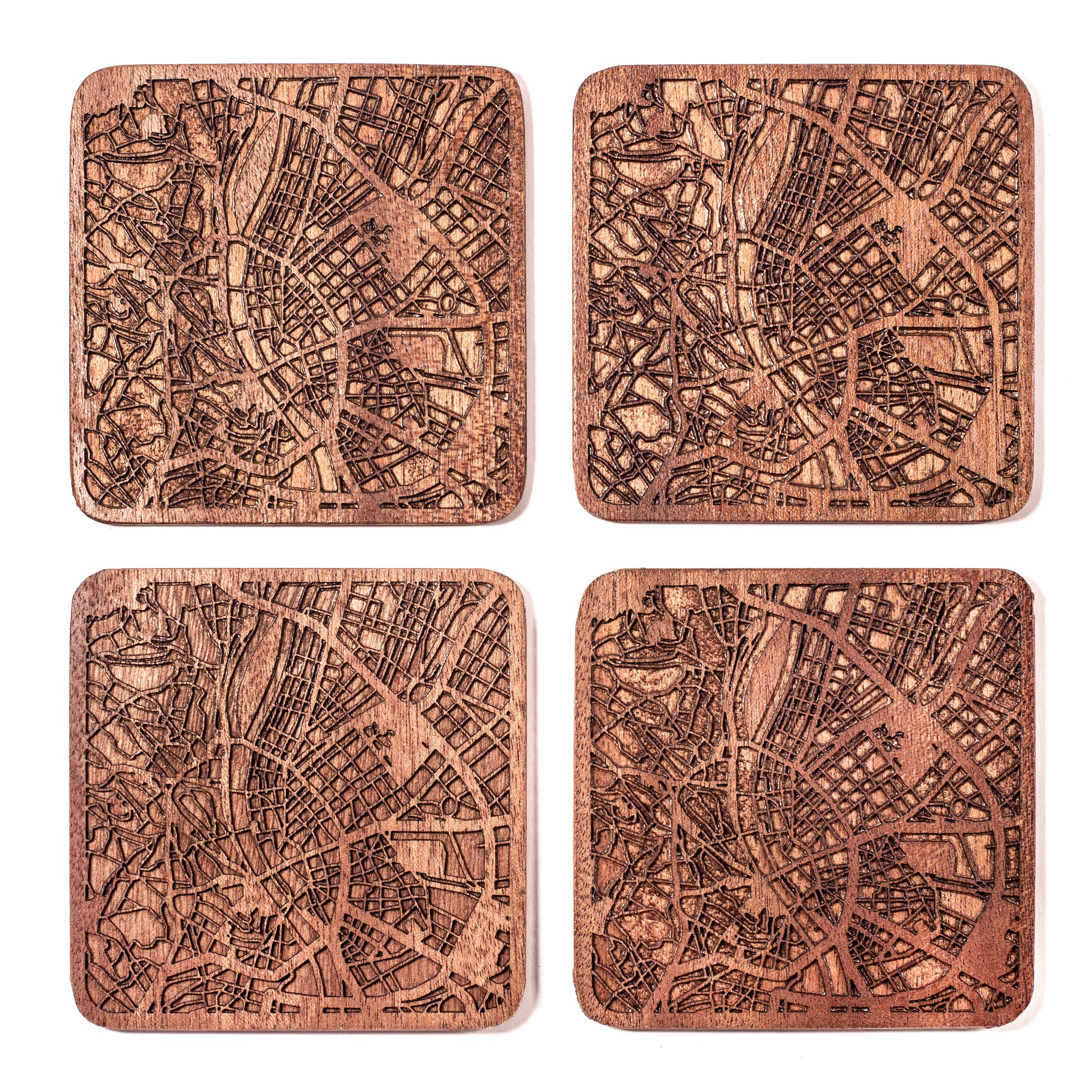 Budapest Map Coaster by O3 Design Studio, Set Of 4, Sapele Wooden Coaster With City Map, Handmade