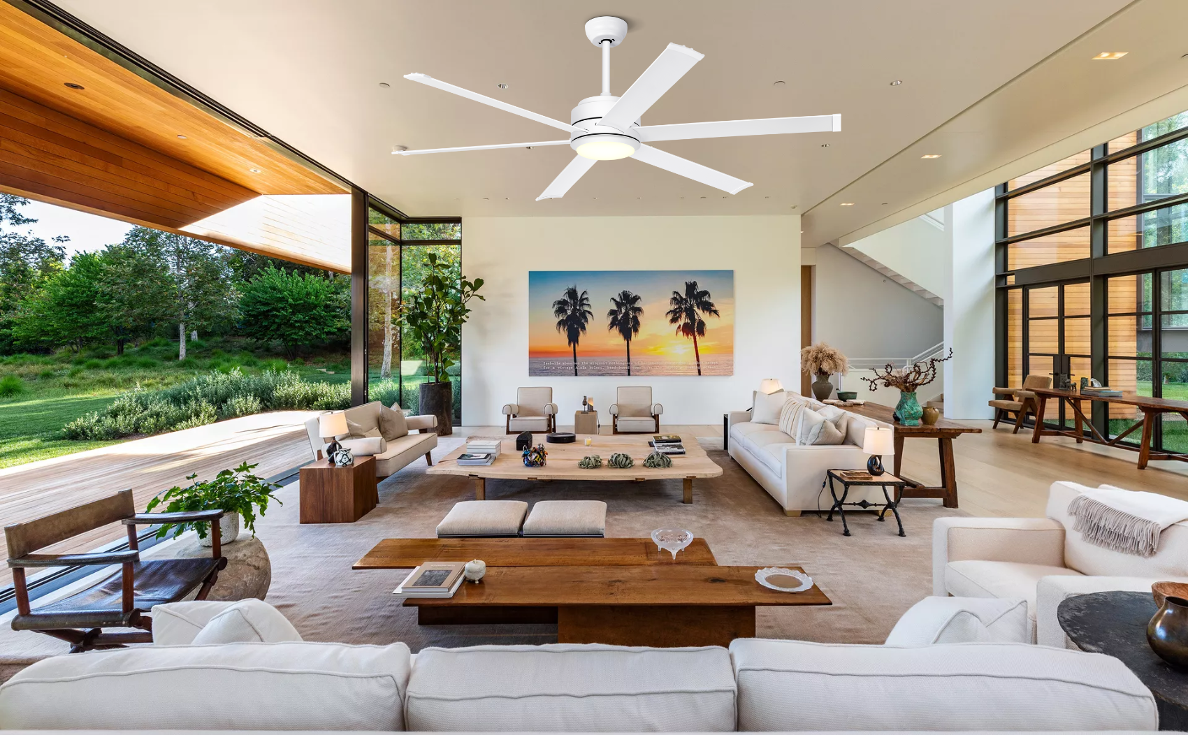 Diagram showing all components included in the Ohniyou ceiling fan package: Blades, Metal Plate + Light Cover, Motor Body, Blades Arms, Mounting Bracket, 5 inch Downrod, 10 inch Downrod, Canopy, Splice Closure, Balance Kit, Manual, Remote Controls, Receiver, Installation Package.