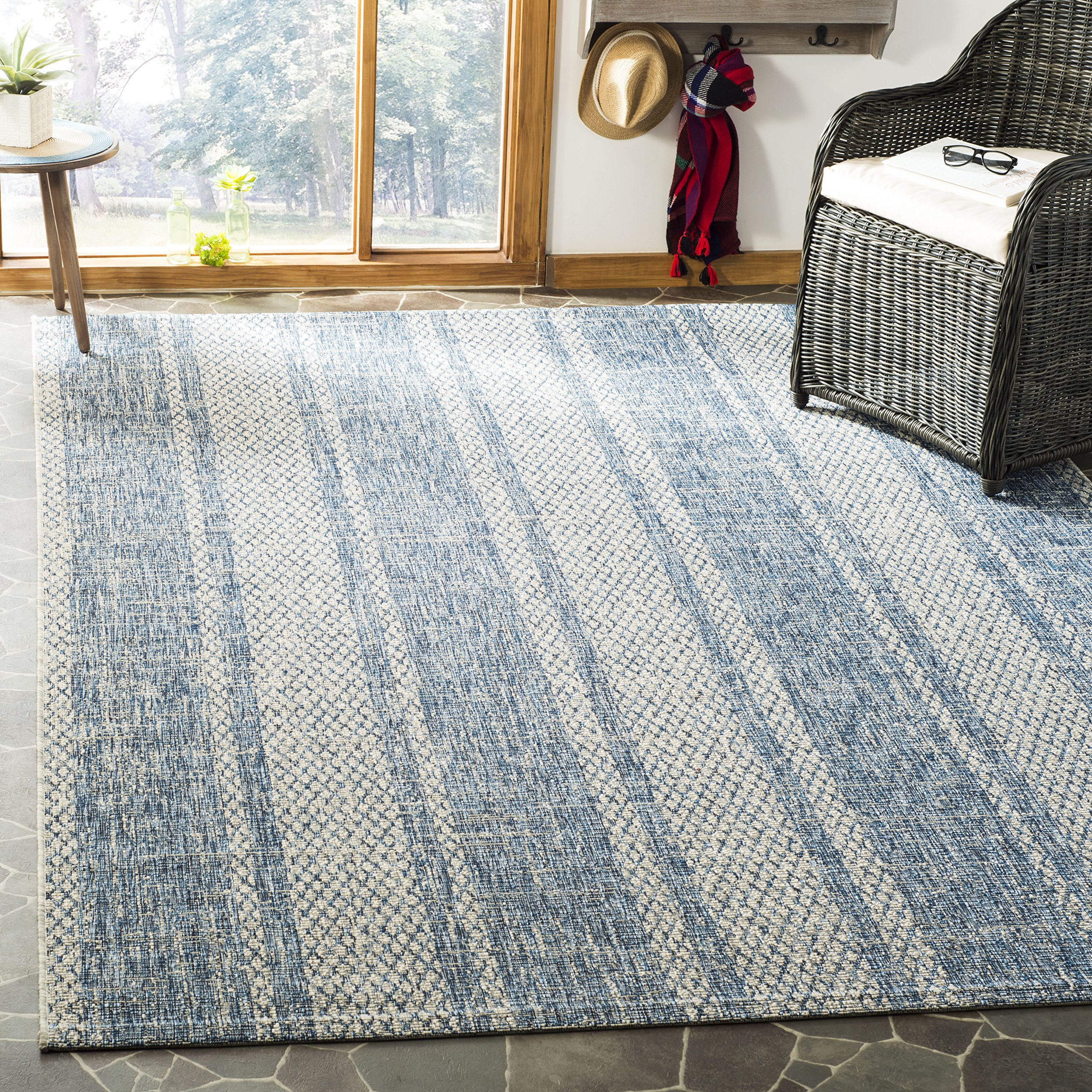 SAFAVIEH Washable Rug Outdoor Courtyard Collection - 9' x 12', Light Grey & Blue, Non-Shedding & Easy Cleaning, Ideal for Patio, Backyard, Mudroom (