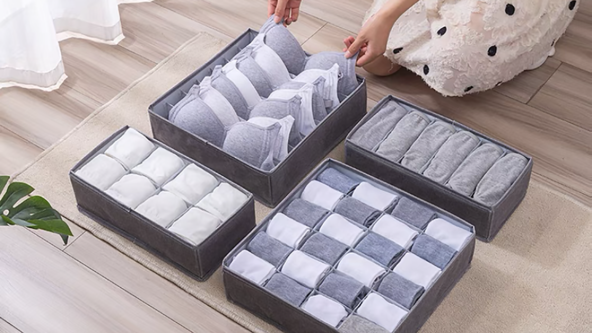 Scatola portaoggetti per biancheria intima, organizer per cassetti, con 7 celle, in tessuto, per riporre vestiti, reggiseni, biancheria intima, calze, cravatte (grigio