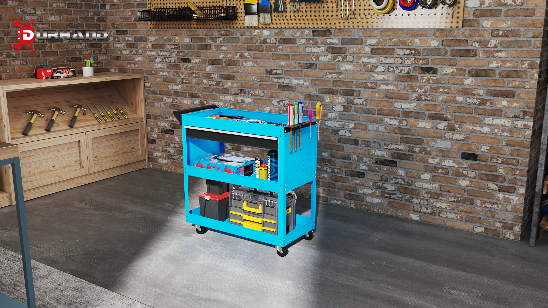 Chariot Porte-Outils 3 Étagères Avec Roues - Garage, Atelier | Capacité 45 Kg, 4 Roues Dont 2 Freins | Dimensions 64x40x102 Cm - 4