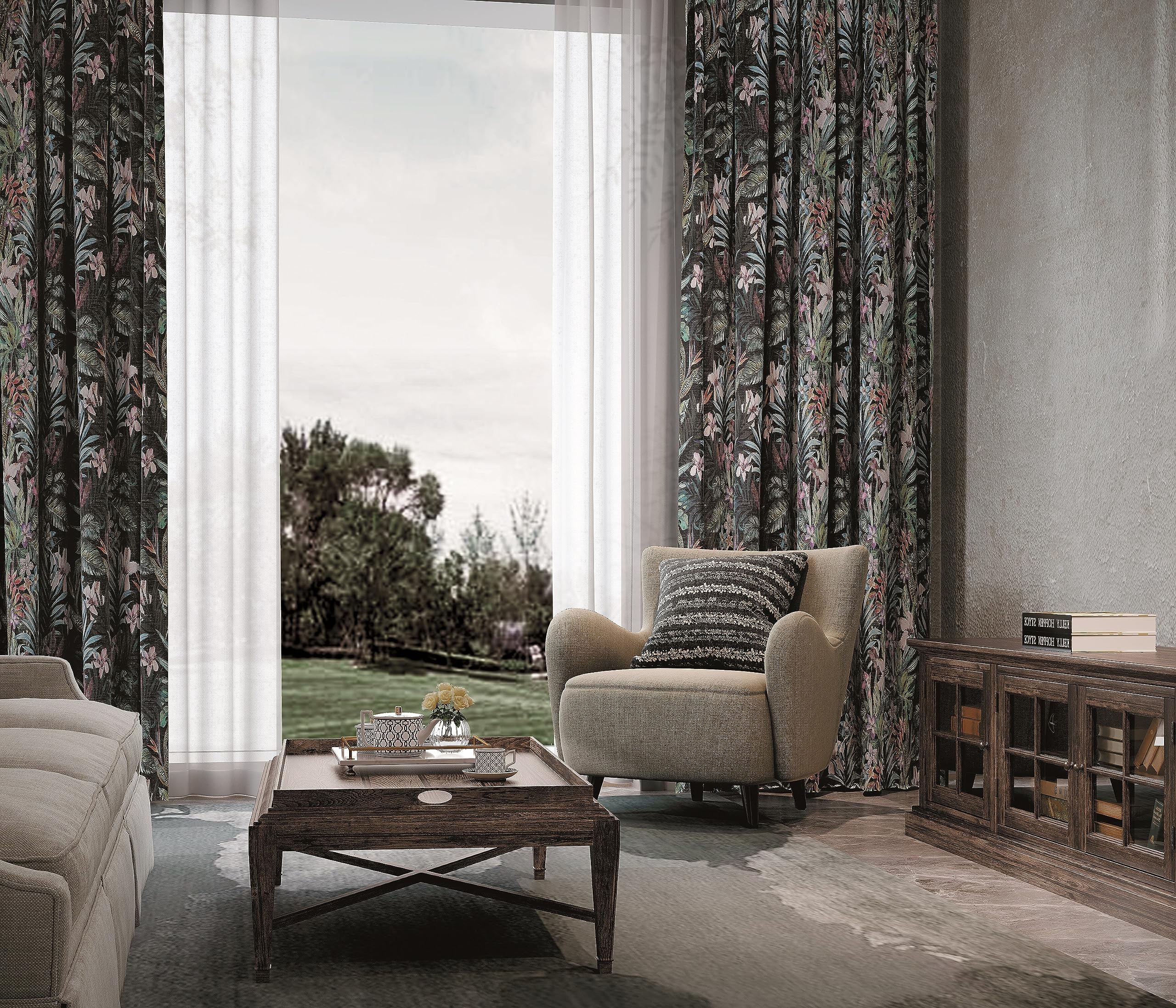 イマン　カーテン Amazon.co.jp: 花柄セミ遮光カーテン 長さ63インチ 断熱リネン遮光