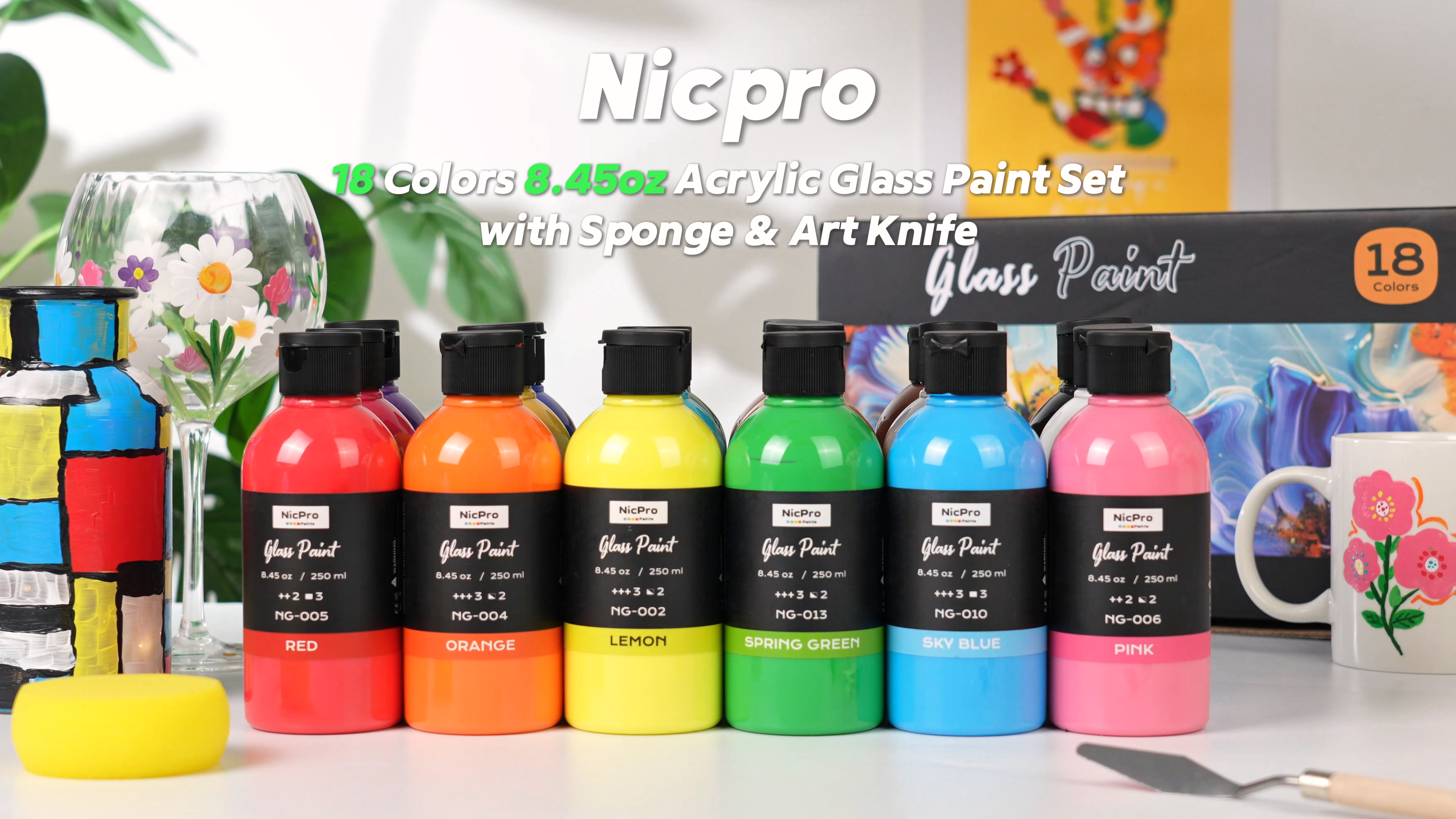 Amazon.com: Nicpro 18 Colors Acrylic Glass Paint Set (8.45 oz, 250