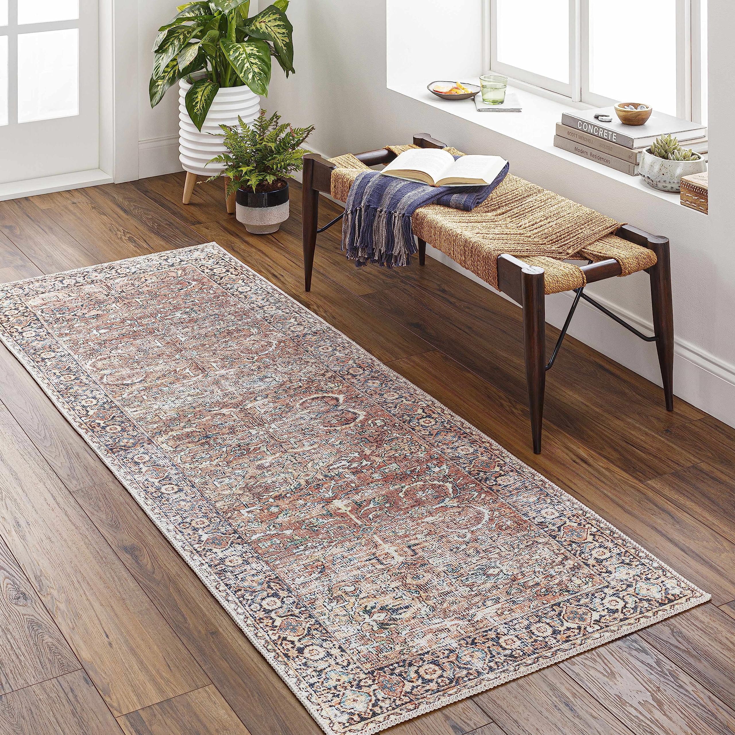 Hauteloom Noda Hallway, Kitchen Machine Washable Runner Rug - Traditional - Dusty Pink, Rust, Navy - 2'7" x 7'3"